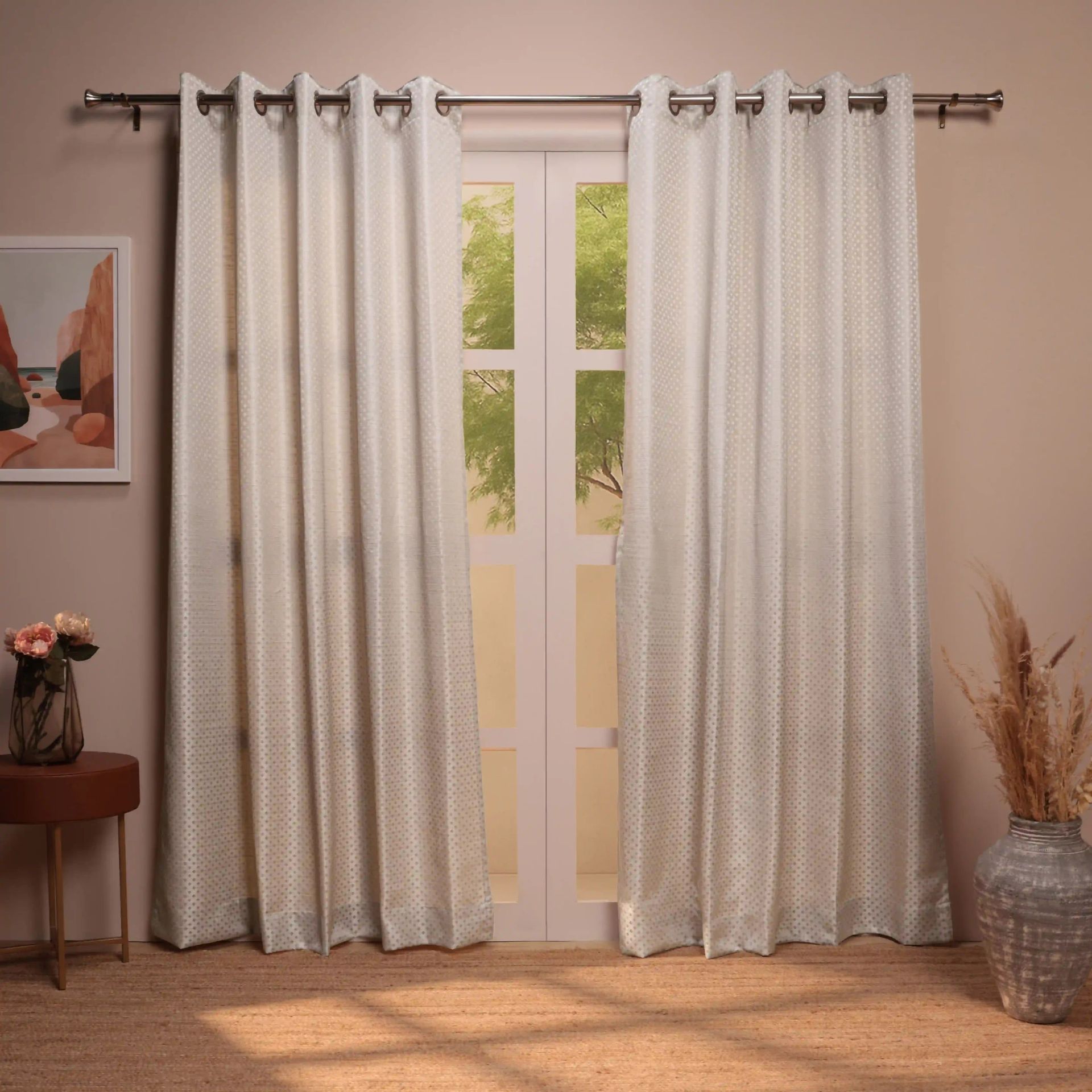 Jacquard Polyester Cotton blend Bone Set of 2 Long Door Curtains | De Jacquard Classic