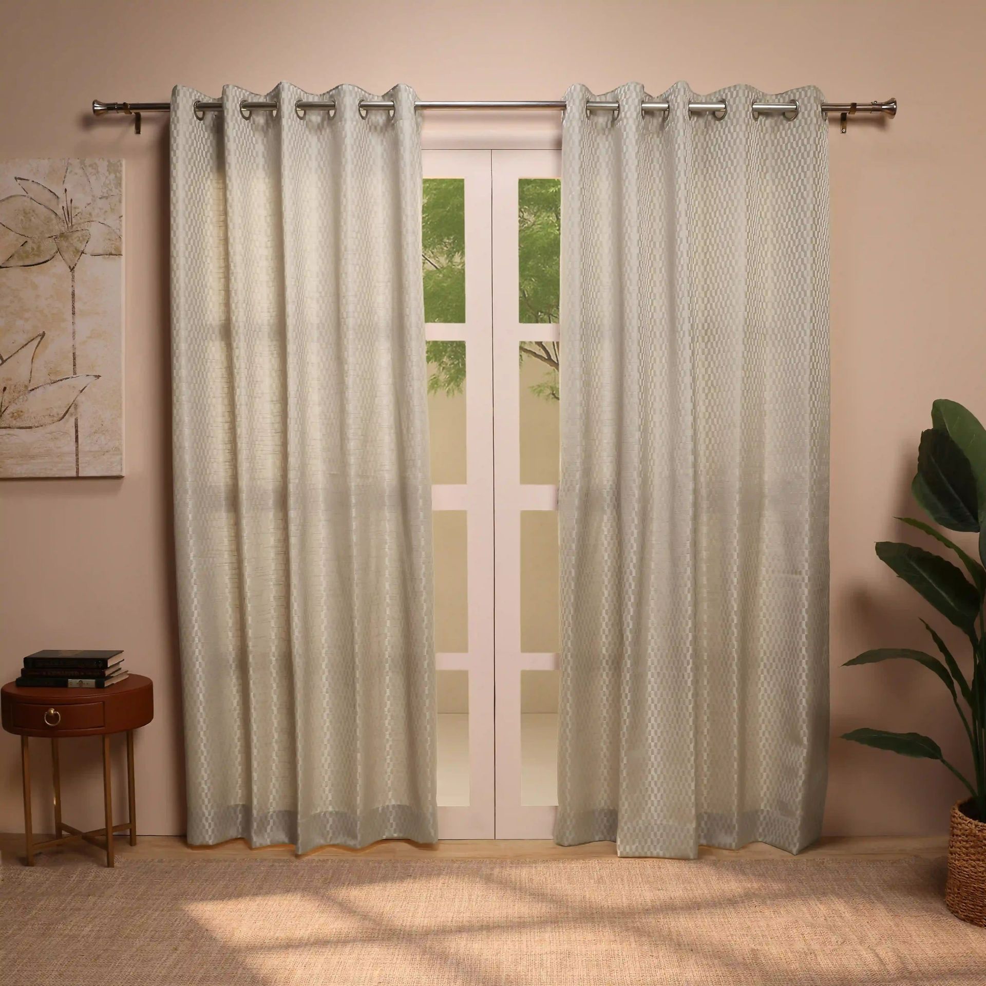 Jacquard Polyester Cotton blend Silver Set of 2 Long Door Curtains | De Jacquard Classic