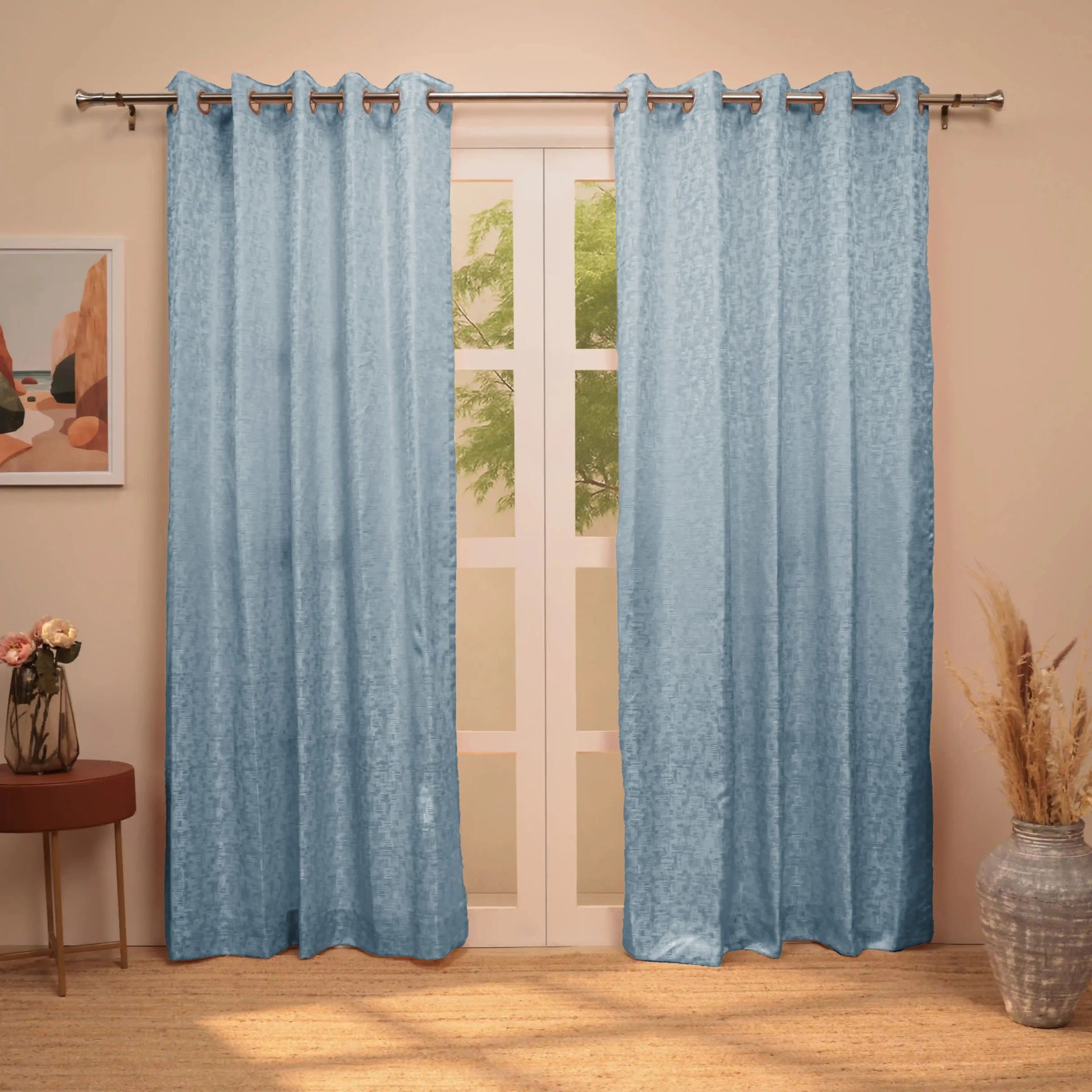 Jacquard Polyester Cotton blend Ocean Haze Set of 2 Long Door Curtains | De Jacquard Classic