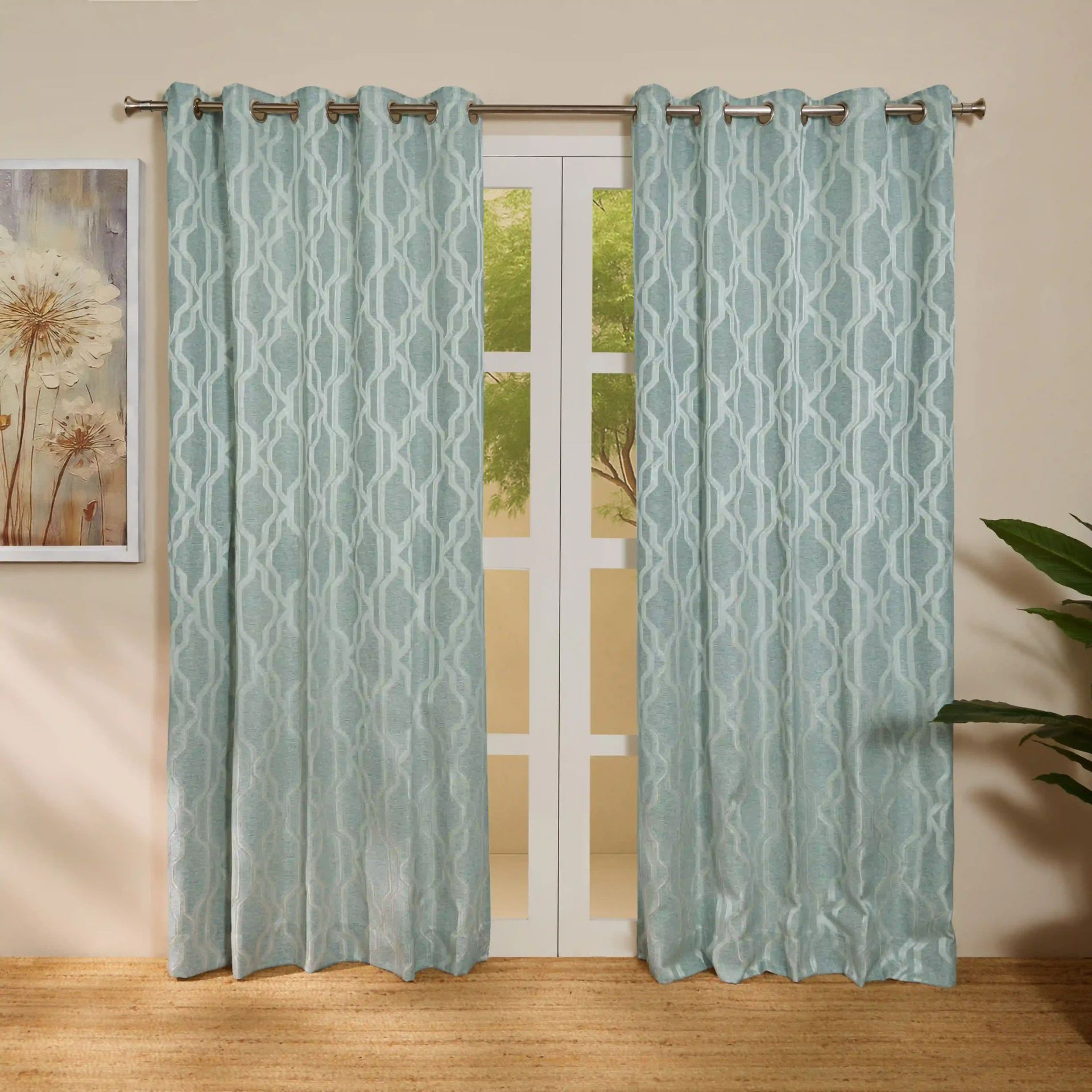 Jacquard Polyester Cotton blend Aqua Set of 2 Door Curtains | De Jacquard Classic