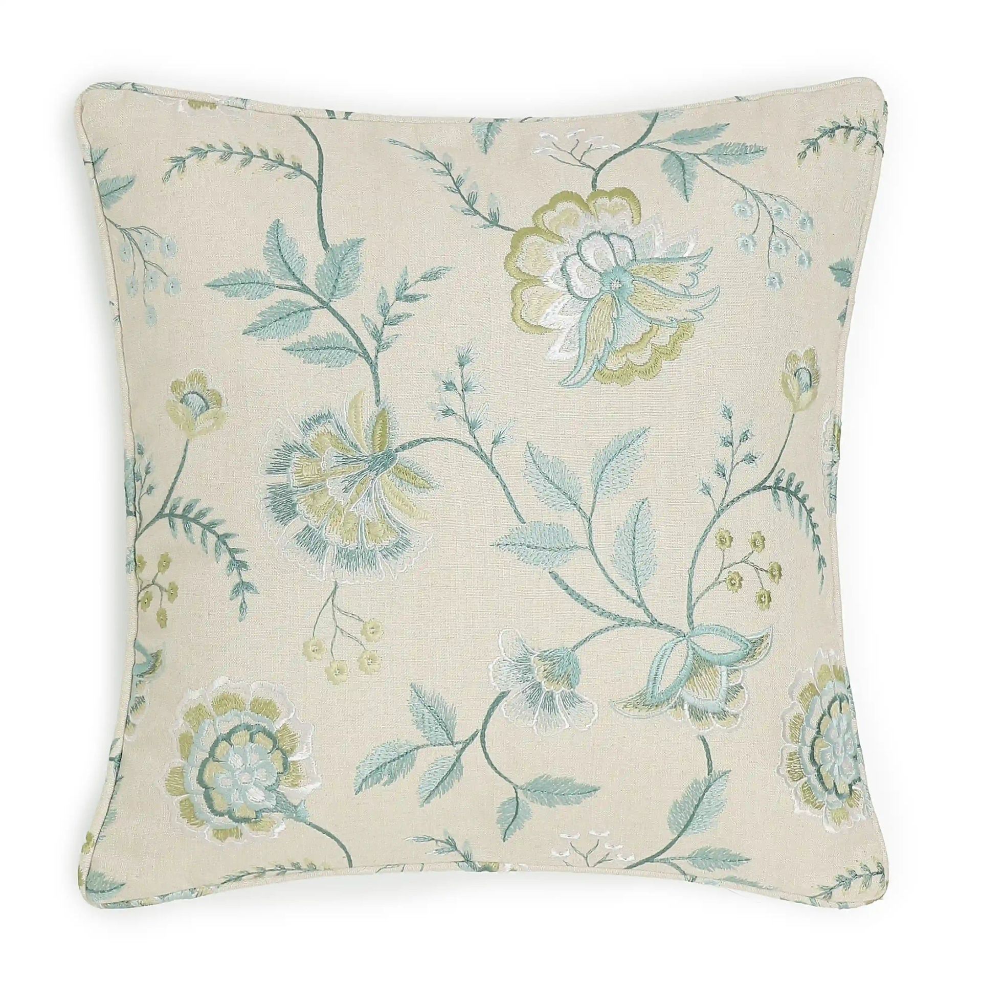 Floral Viscose Linen Blend Frosty Teal Cushion Cover | Estrella