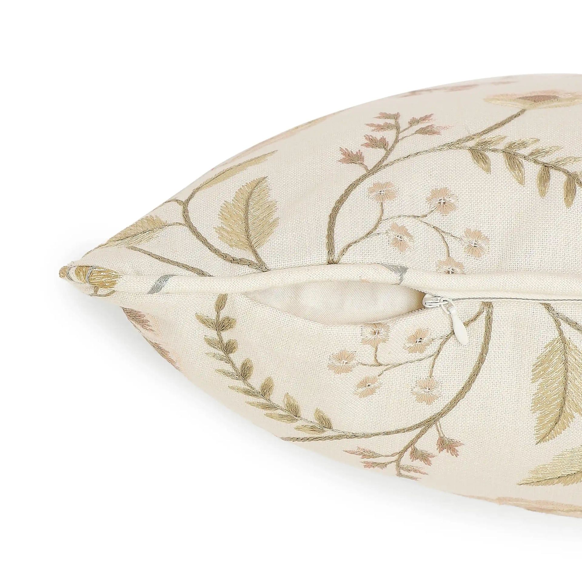Floral Viscose Linen Blend Light Beige Cushion Cover | Estrella