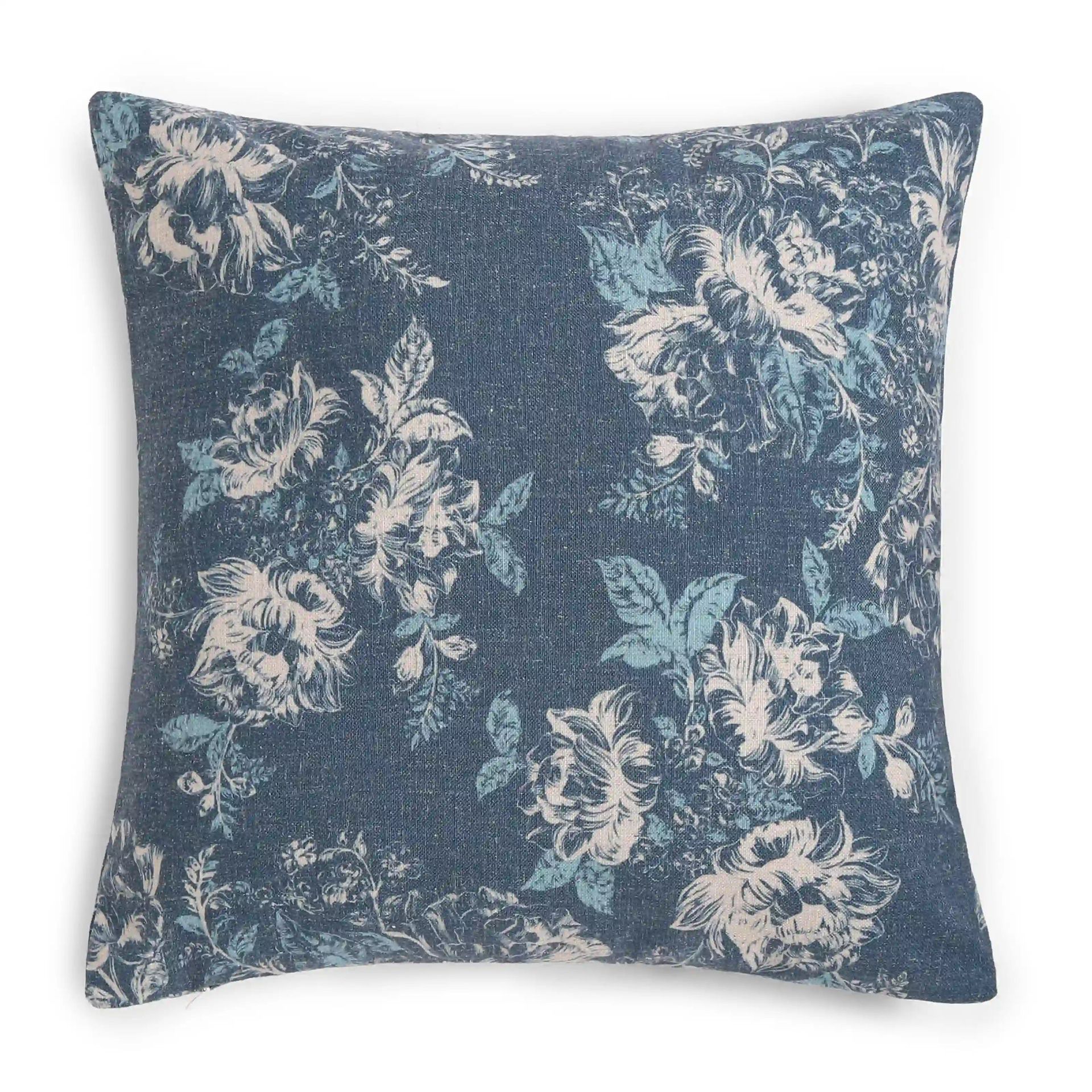 Floral Polyester Blend Dark Blue Cushion Cover | Vissencia