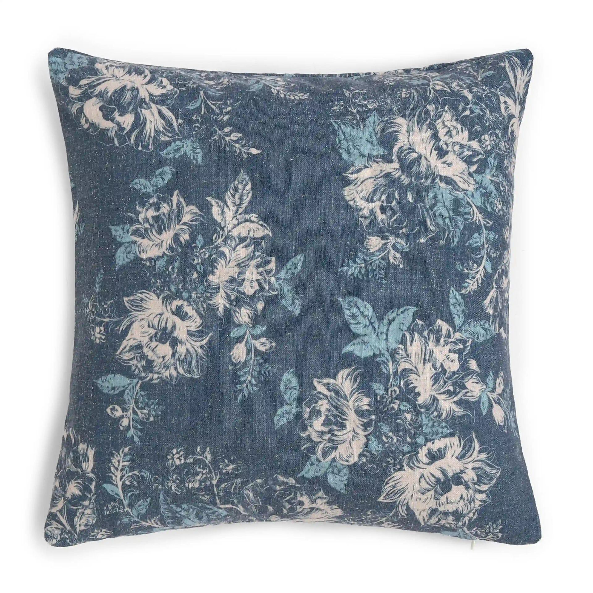 Floral Polyester Blend Dark Blue Cushion Cover | Vissencia