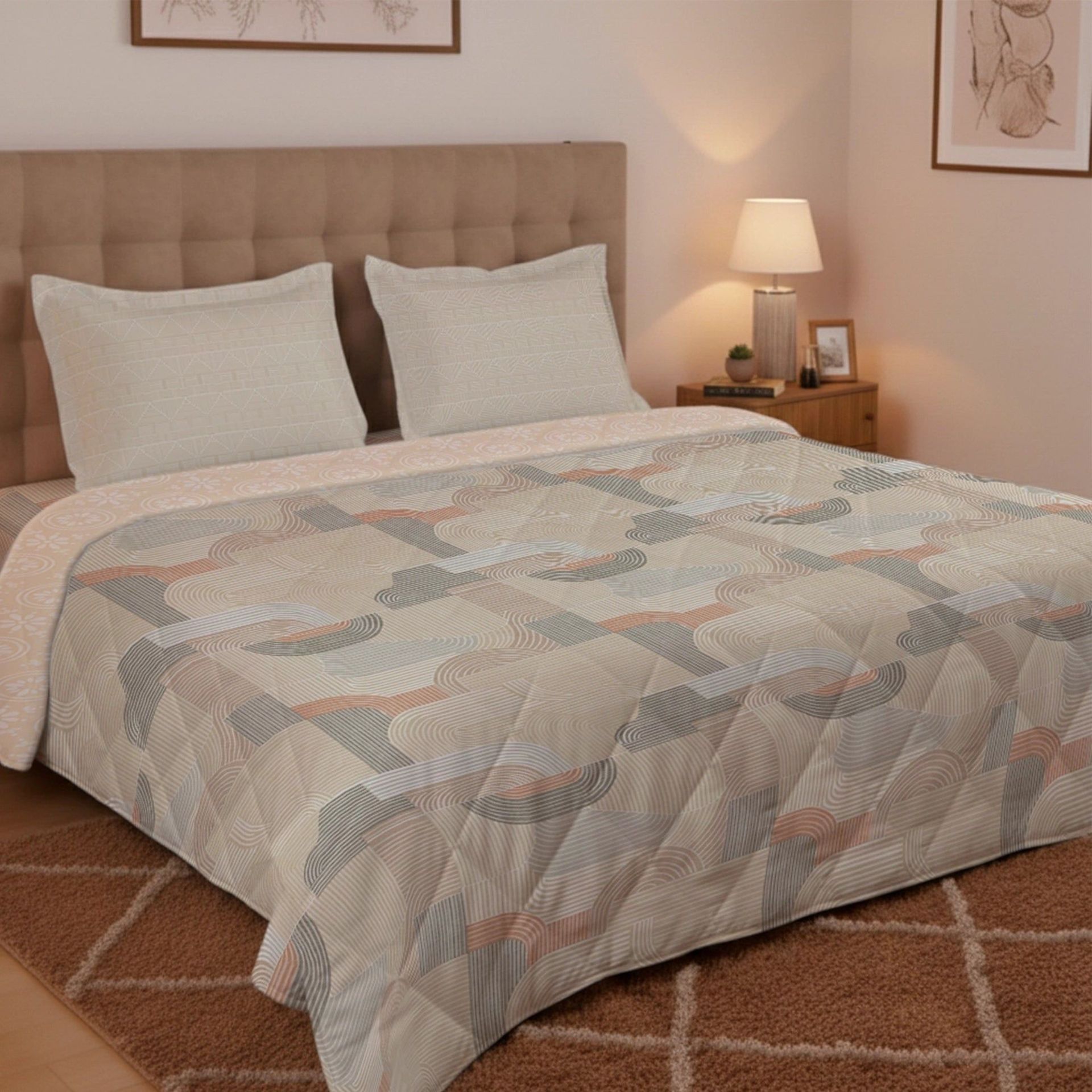 Geometric 150 GSM 100% Cotton Neutral Beige King Comforter | Udyan Tales