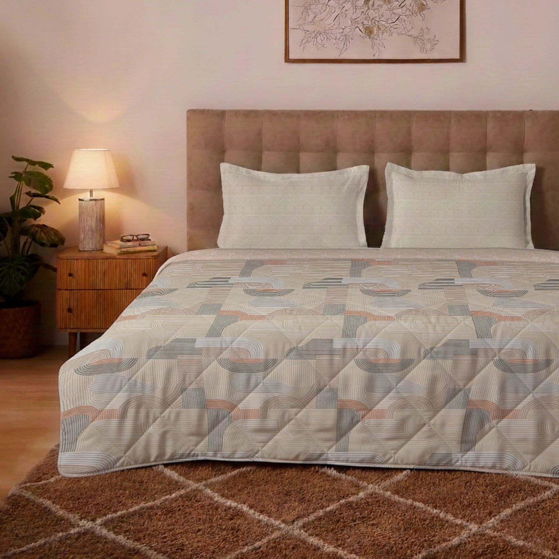 Geometric 150 GSM 100% Cotton Neutral Beige King Comforter | Udyan Tales