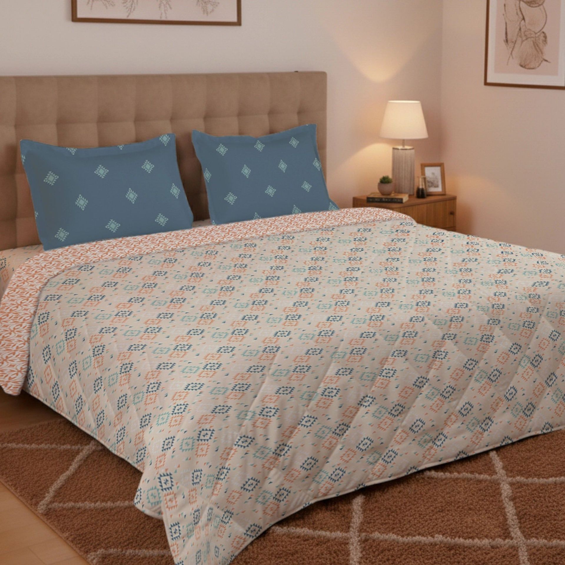 Ethnic 150 GSM 100% Cotton Rich Teal Double Comforter | Aangan Weaves