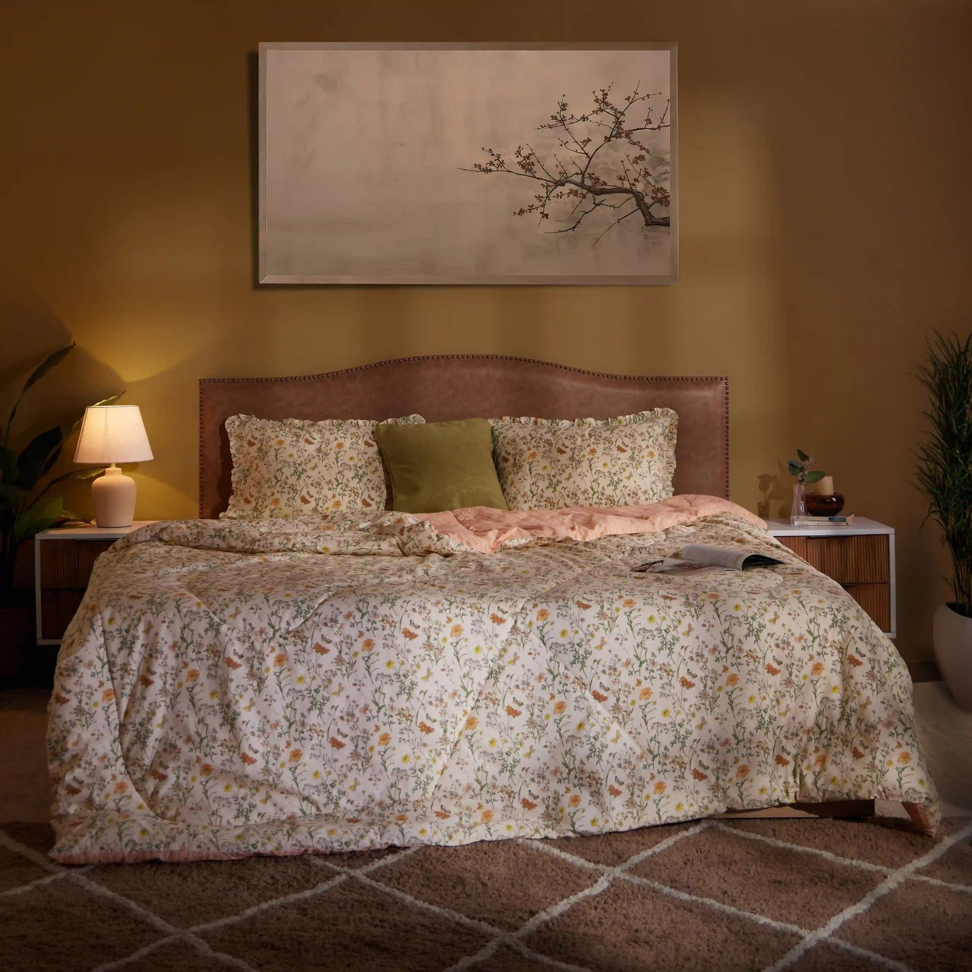 Floral 120 GSM 100% Cotton Mustard Double Comforter | Bloomshire Luxe