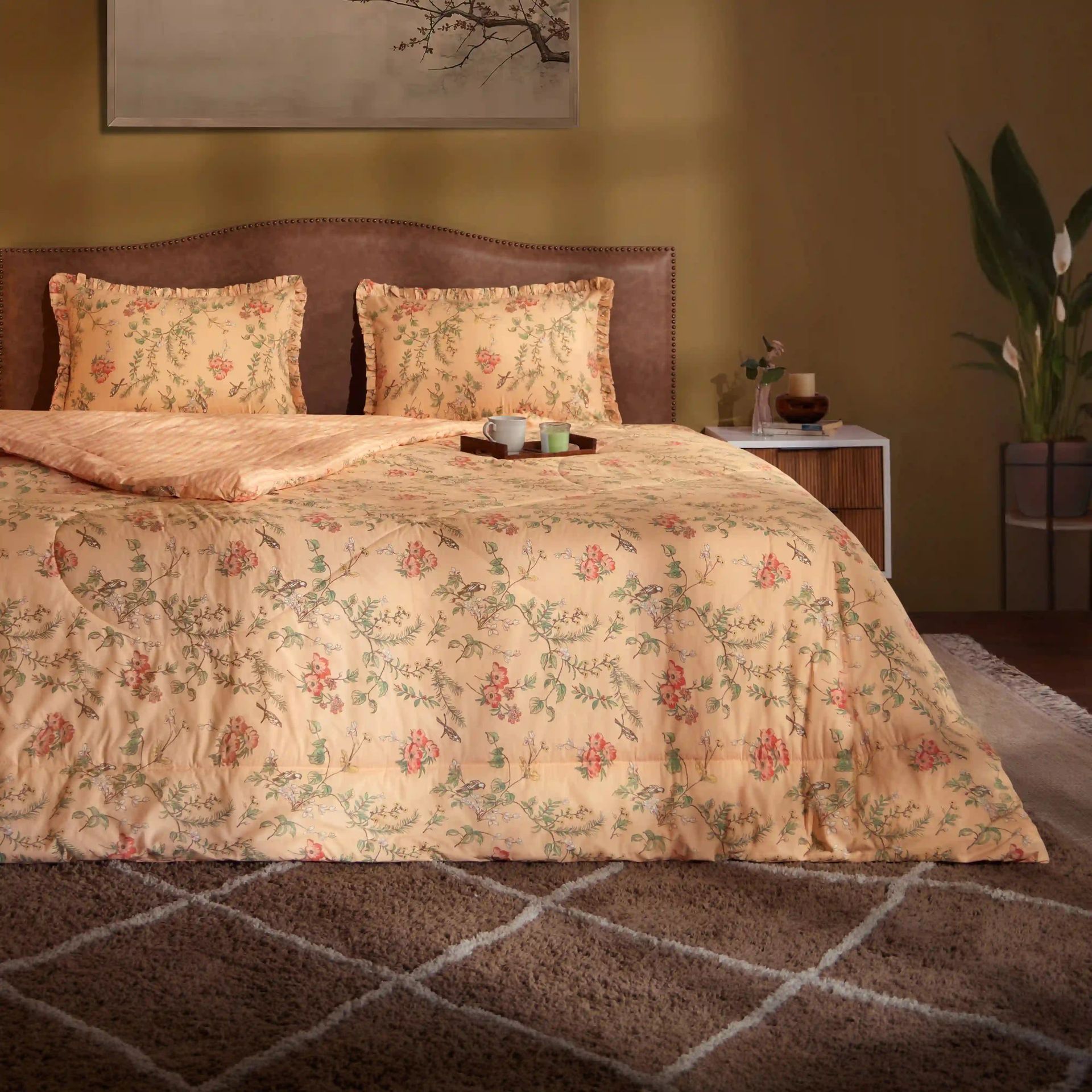 Floral 120 GSM 100% Cotton Peach Double Comforter | Bloomshire Luxe