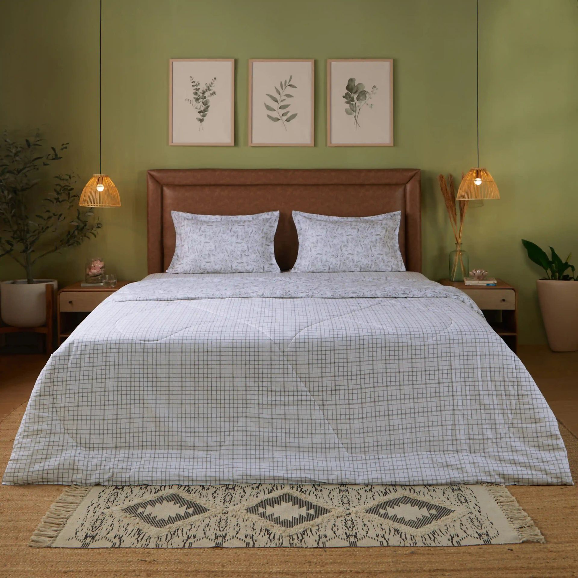 Floral Geometric 144 TC Cotton Charcoal Checks Double Bedding Set | Mishella