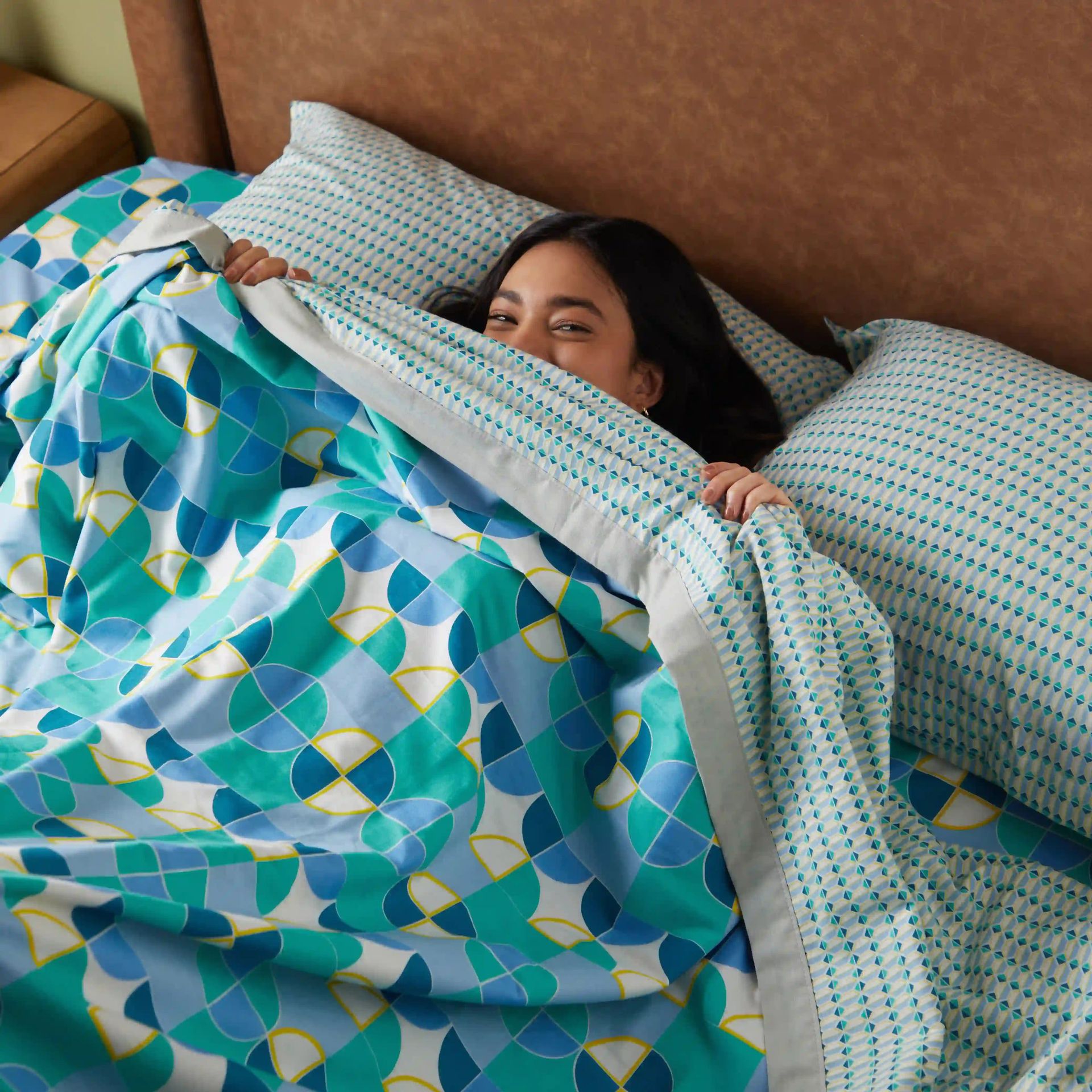 Geometric 144 TC Cotton Orbit Teal Double Bedding Set | Mishella
