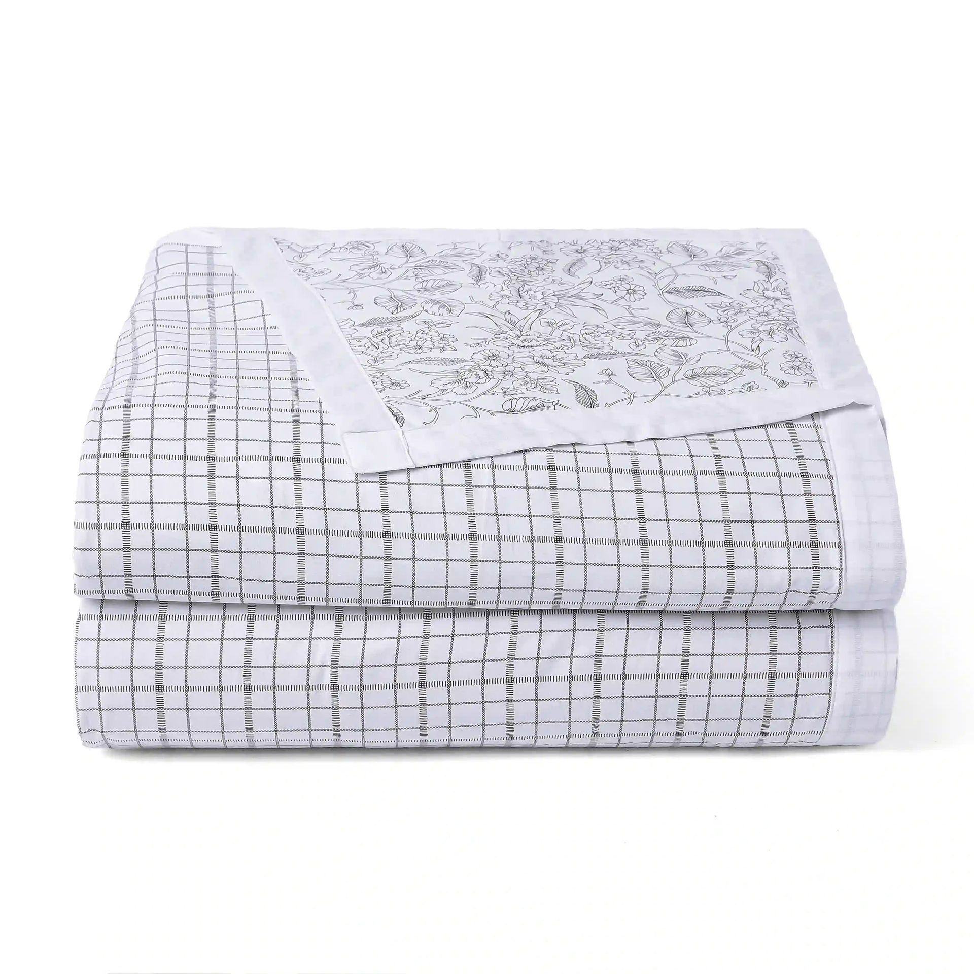 Floral Geometric 144 TC Cotton Charcoal Checks Double Bedding Set | Mishella