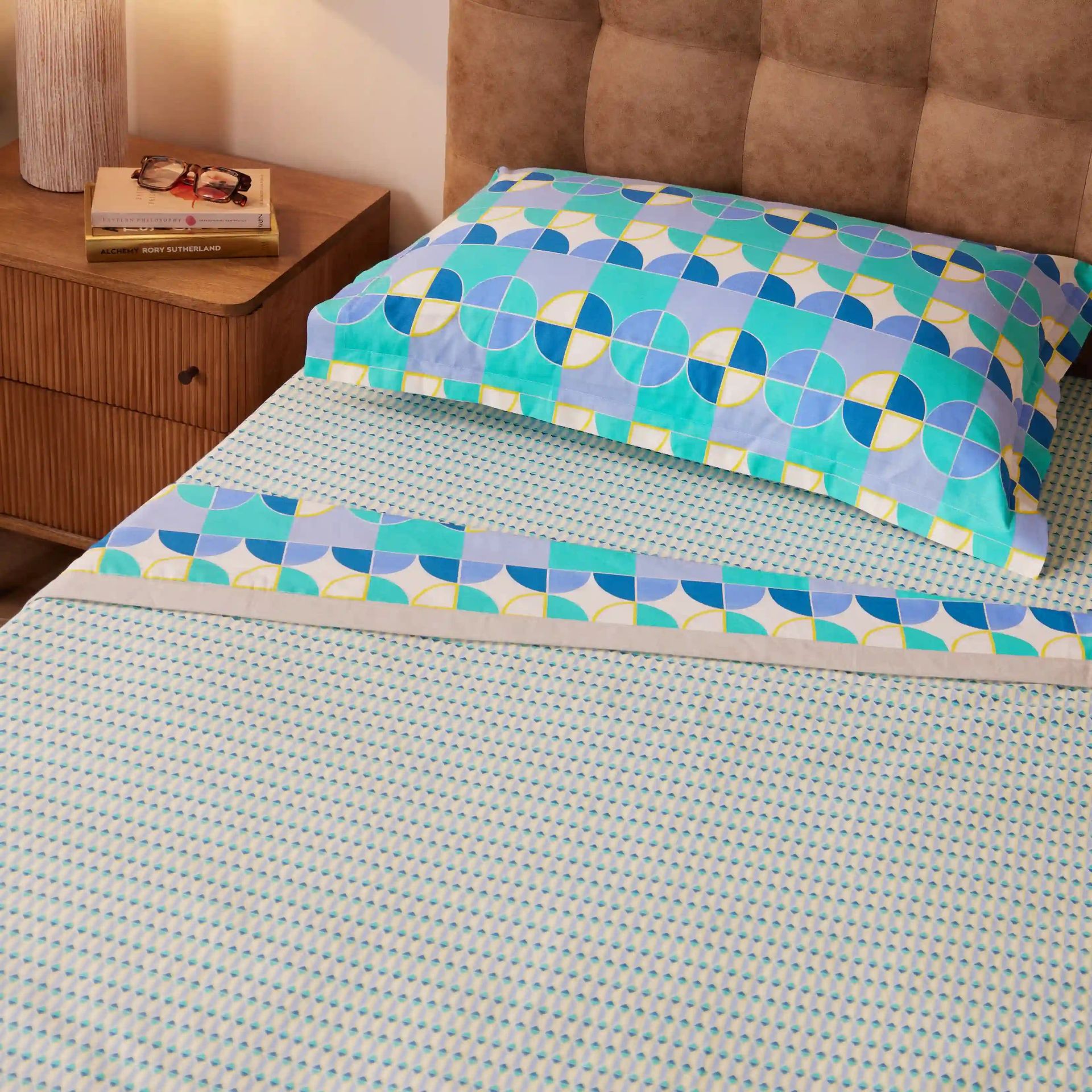 Geometric 144 TC 100% Cotton Kaleido Teal Single Dohar | Mishella