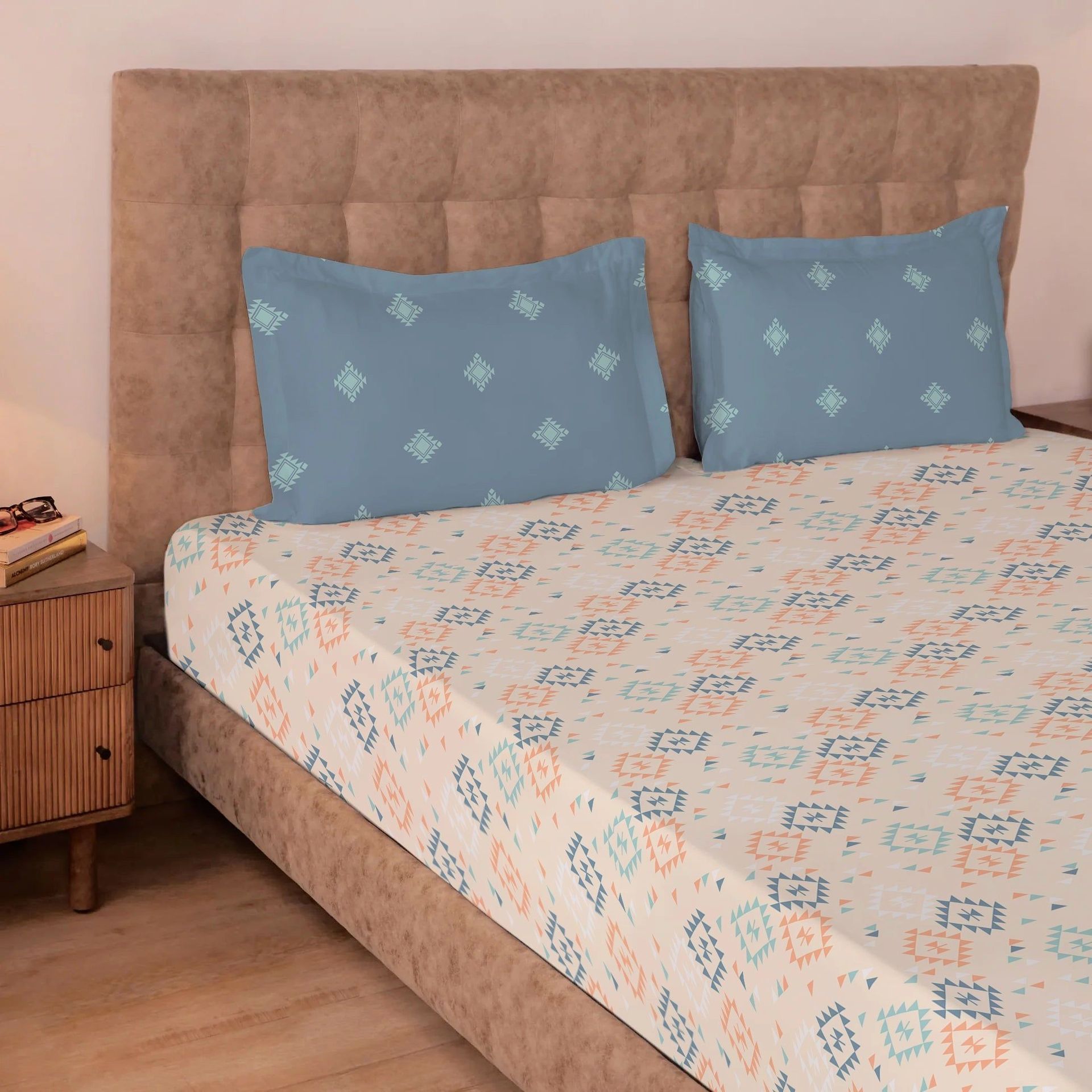 Ethnic 144 TC 100% Cotton Rich Teal Double Bedsheet Set | Aangan Weaves