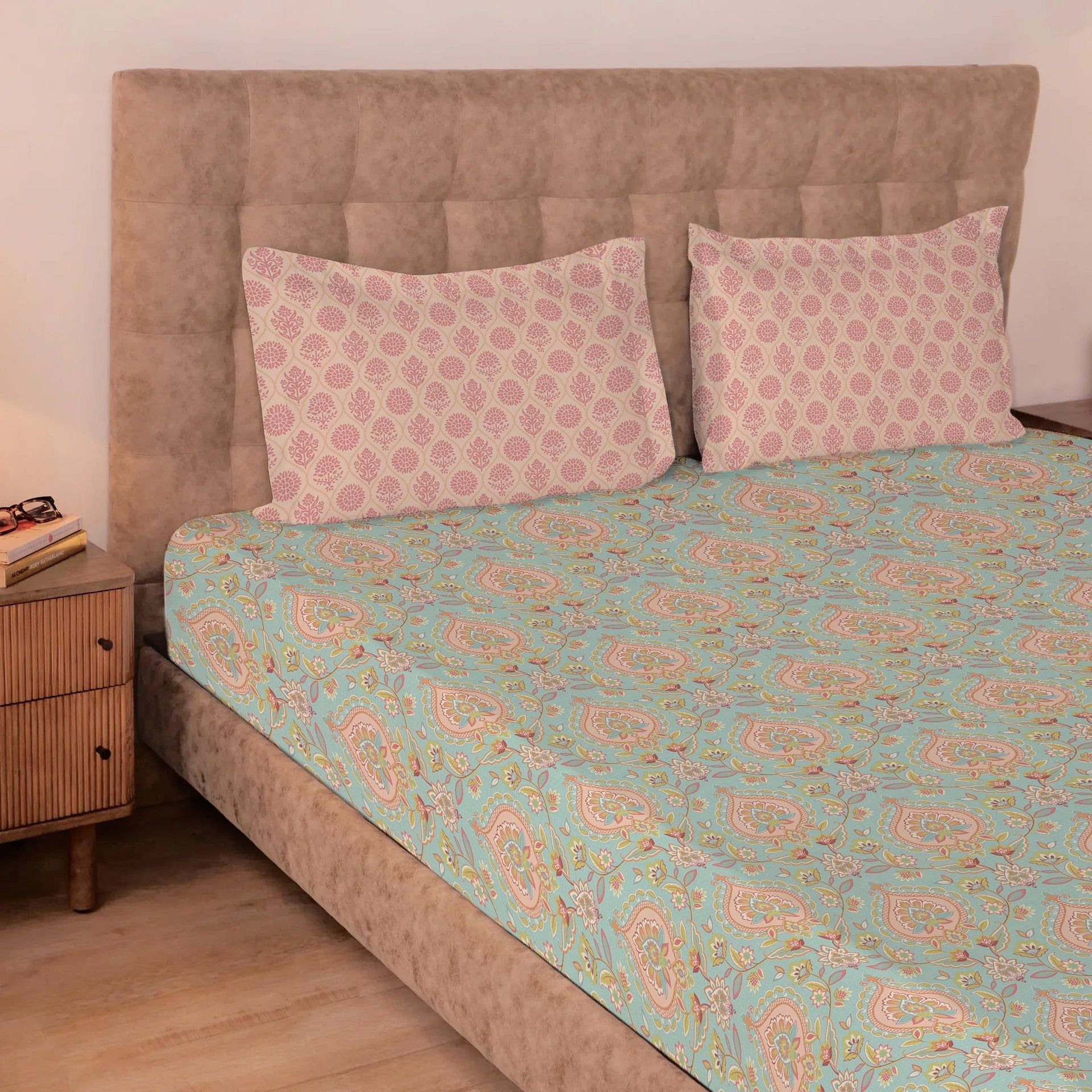 Indian Heritage 144 TC 100% Cotton Sea Glass Double Bedsheet Set | Aangan Weaves