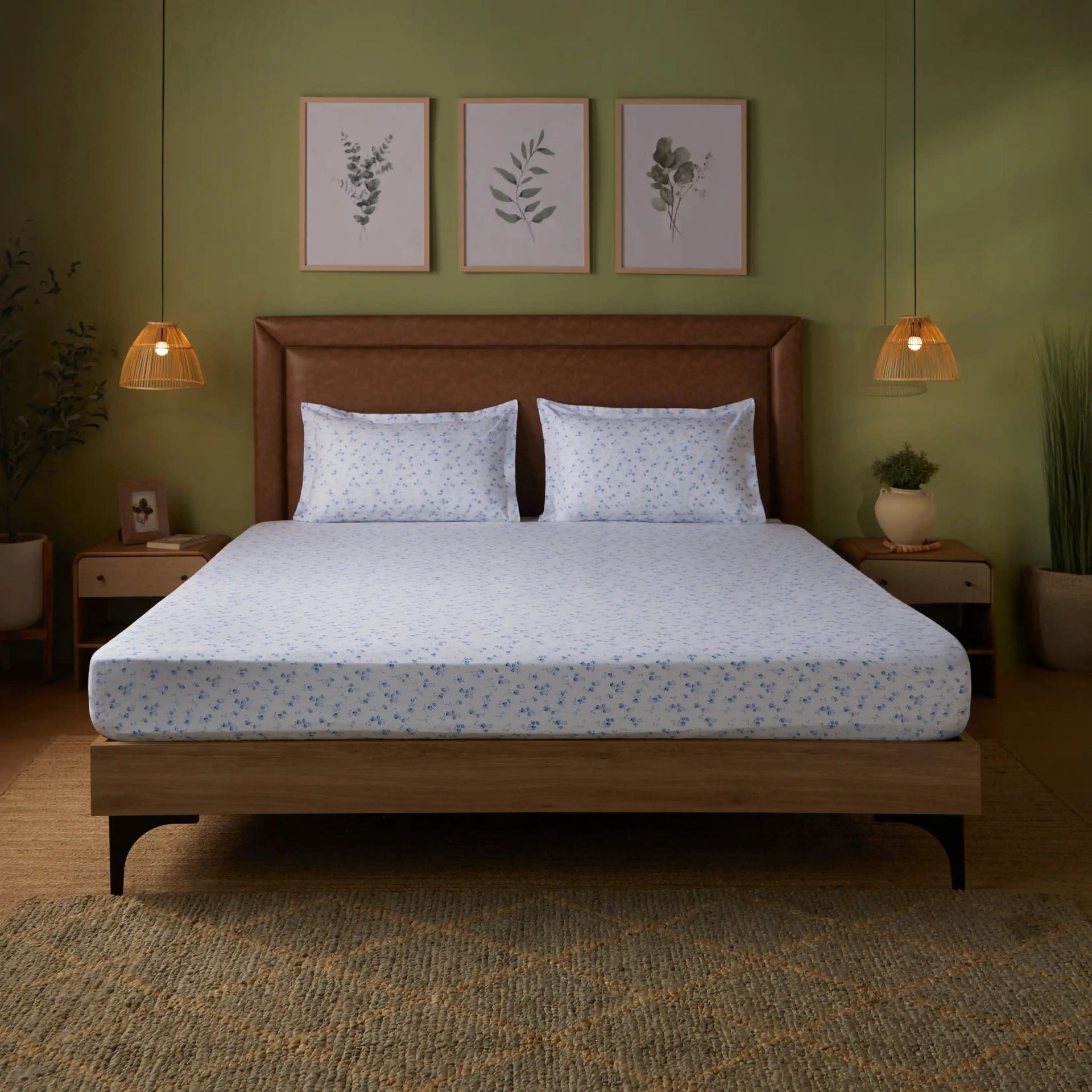 Floral 144 TC 100% Cotton Ocean Blue Double Bedsheet Set | Bloomshire Classic