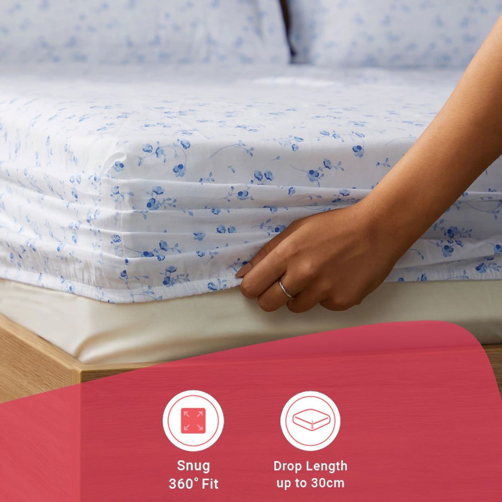 Floral 144 TC 100% Cotton Ocean Blue Queen Fitted Sheet Set | Bloomshire Classic