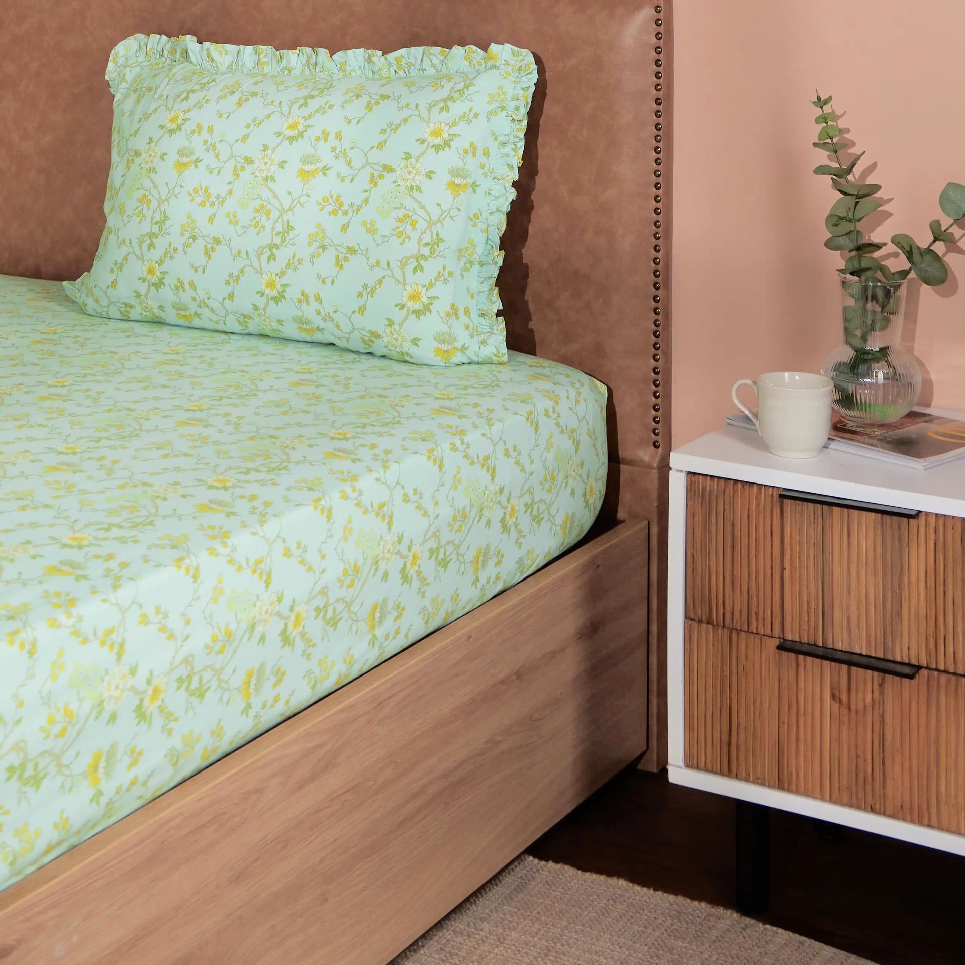 Floral 200 TC Cotton Light Blue Double Bedsheet Set | Bloomshire Luxe
