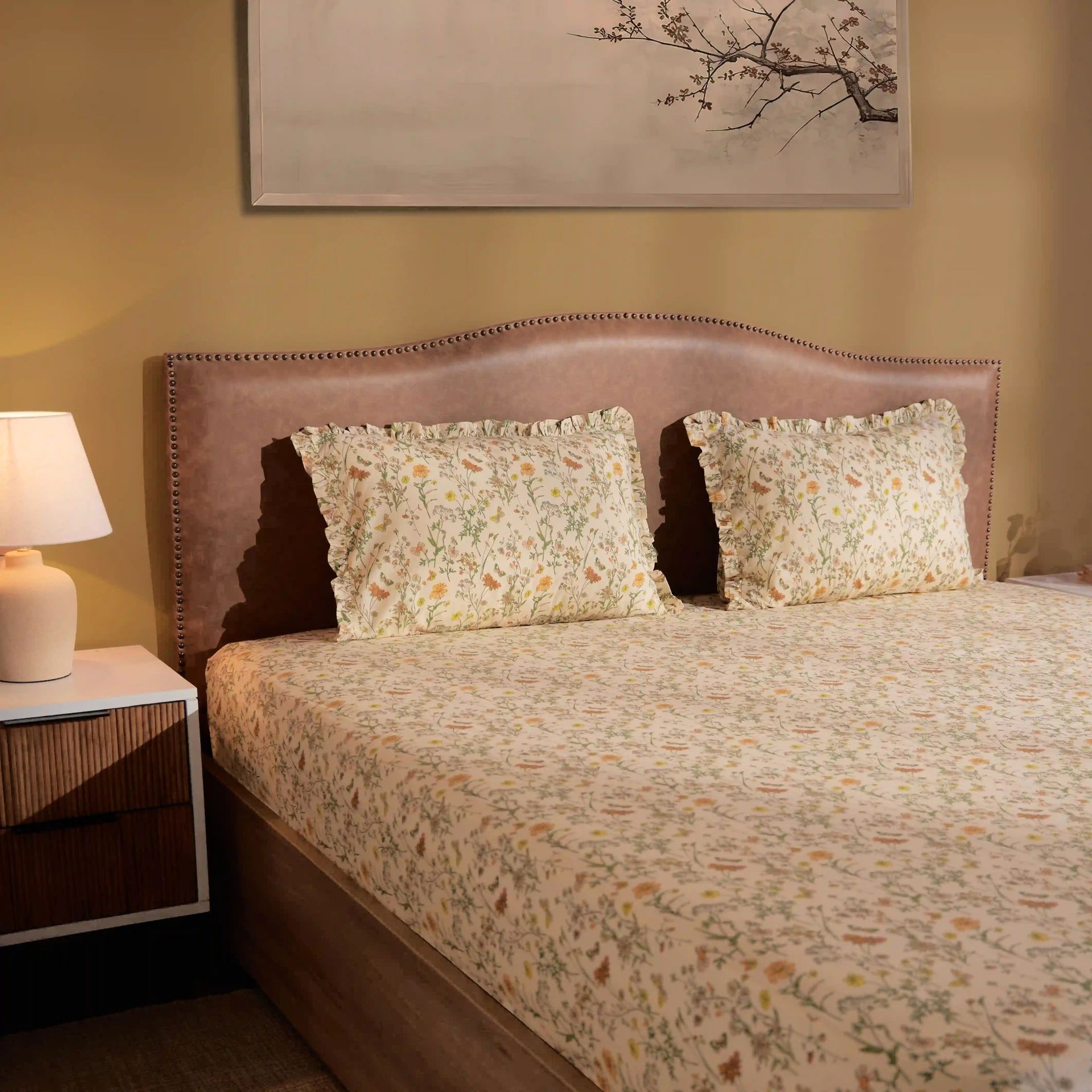 Floral 200 TC Cotton Mustard Super King Bedsheet Set | Bloomshire Luxe