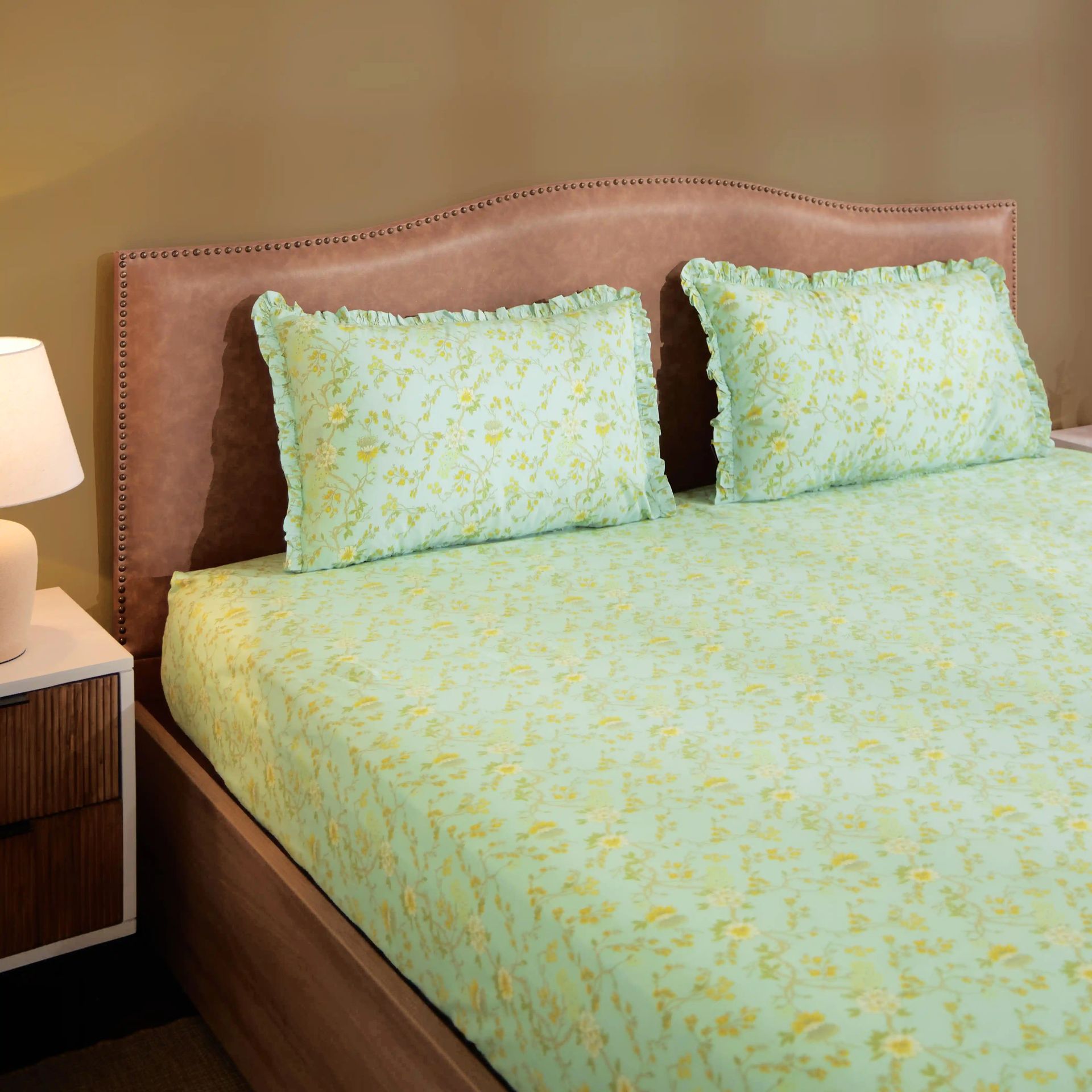 Floral 200 TC 100% Cotton Light Blue King Fitted Sheet Set | Bloomshire Luxe