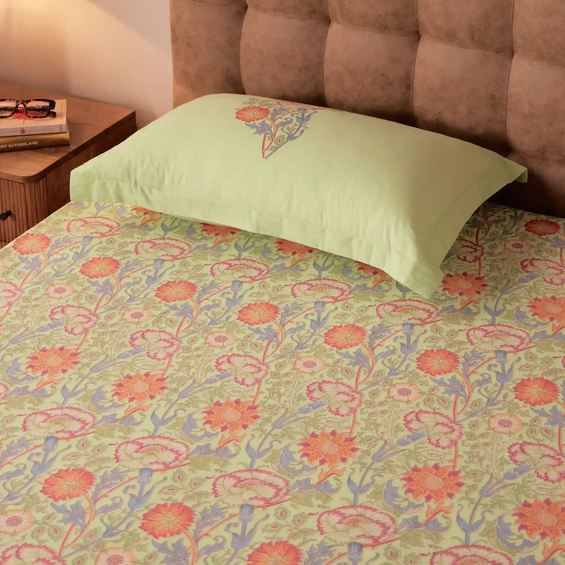 Indian Heritage 144 TC 100% Cotton Green Single Bedsheet Set | Chippa Lane