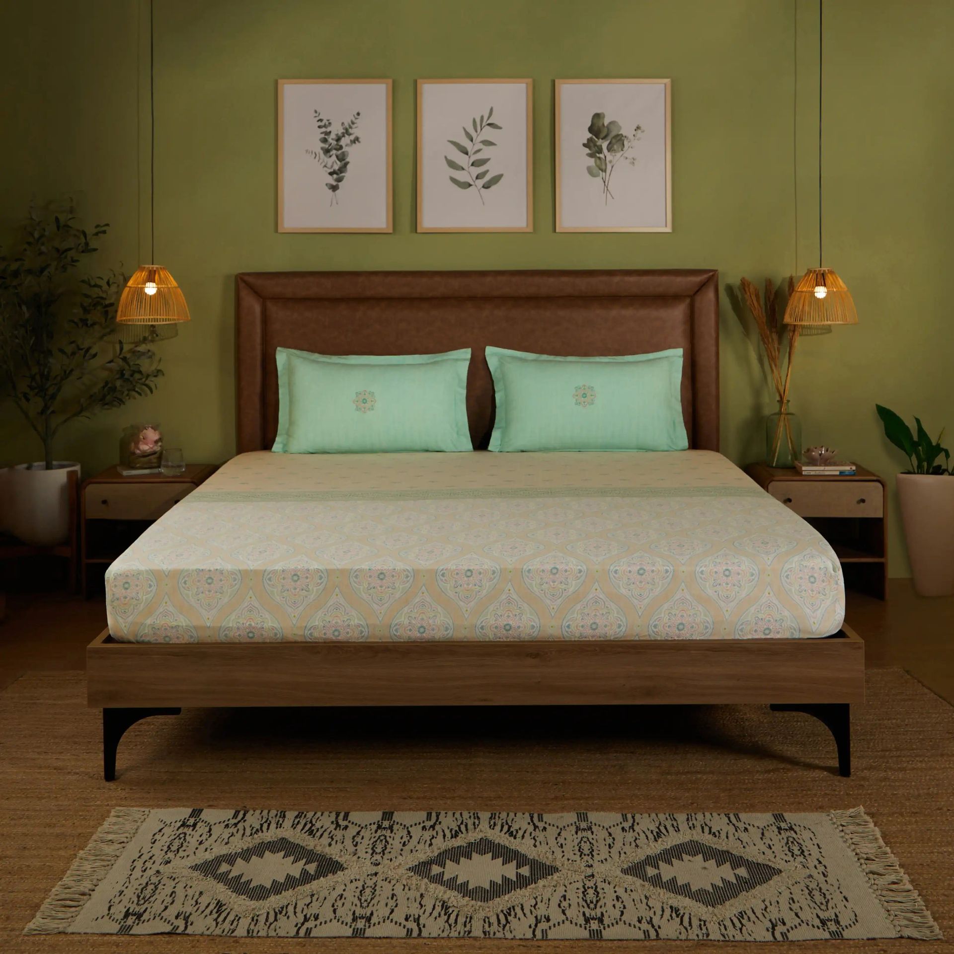 Indian Heritage 144 TC 100% Cotton Sage Super King Bedsheet Set | Chippa Lane