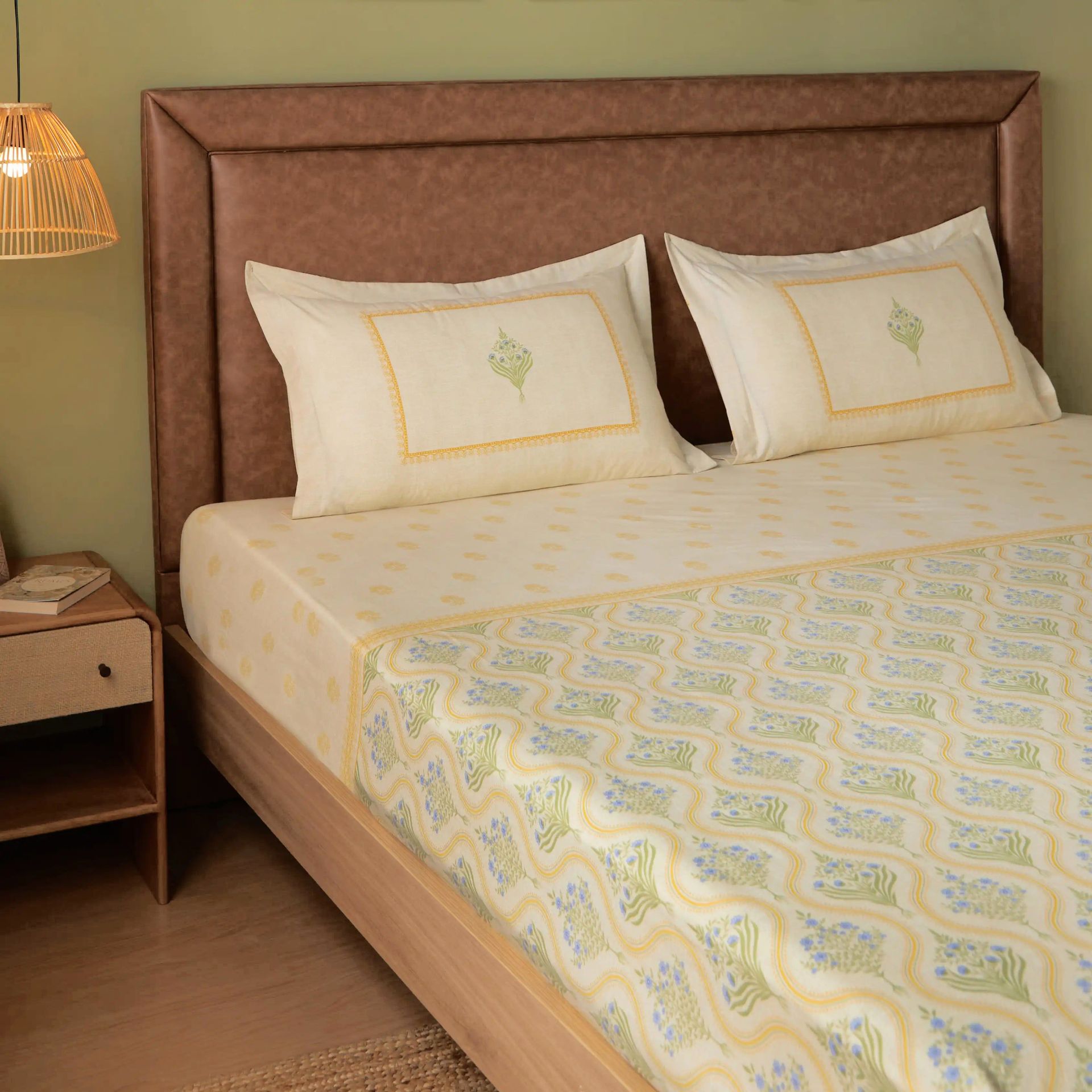 Indian Heritage 144 TC 100% Cotton Mustard King Fitted Sheet Set | Chippa Lane