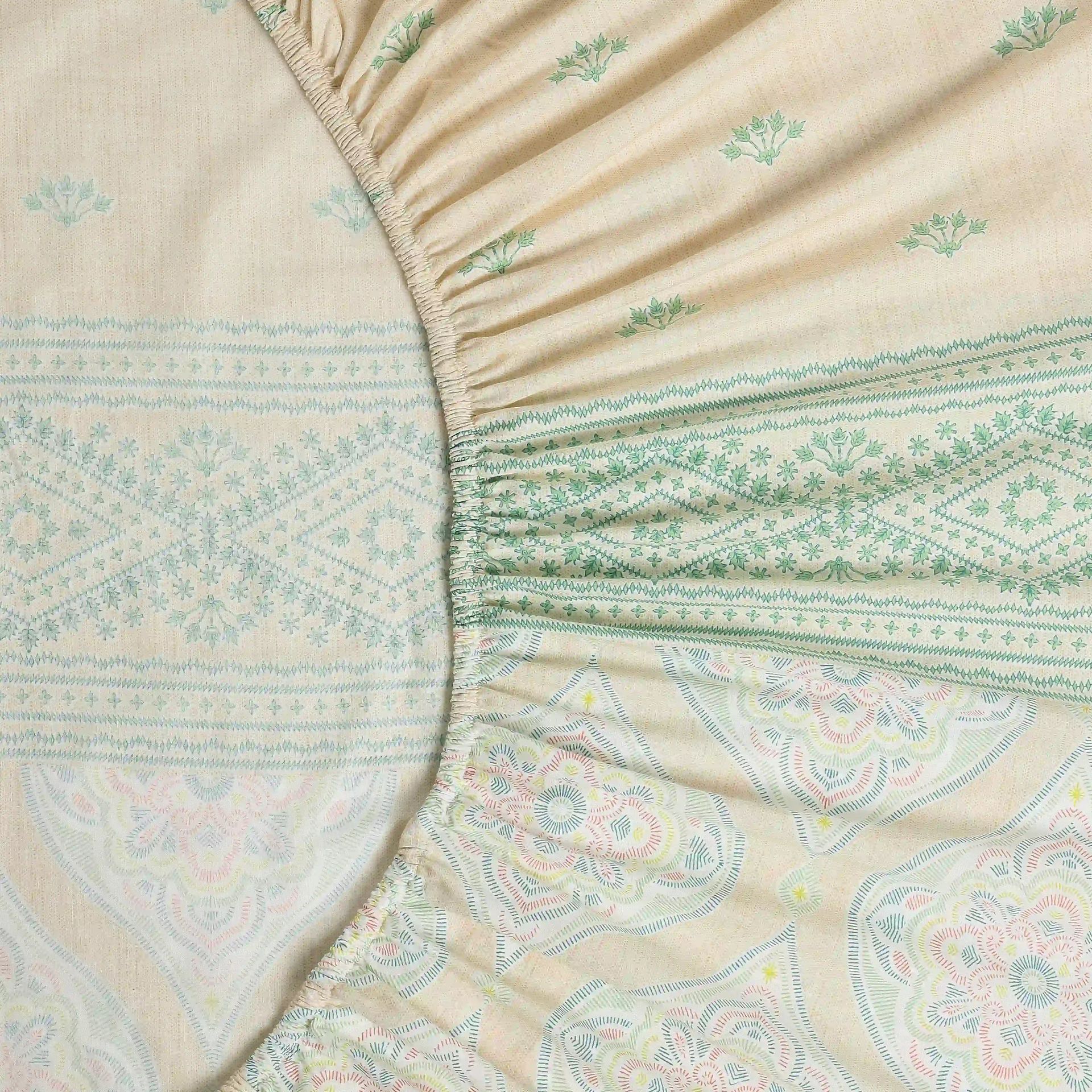 Indian Heritage 144 TC 100% Cotton Sage Queen Fitted Sheet Set | Chippa Lane