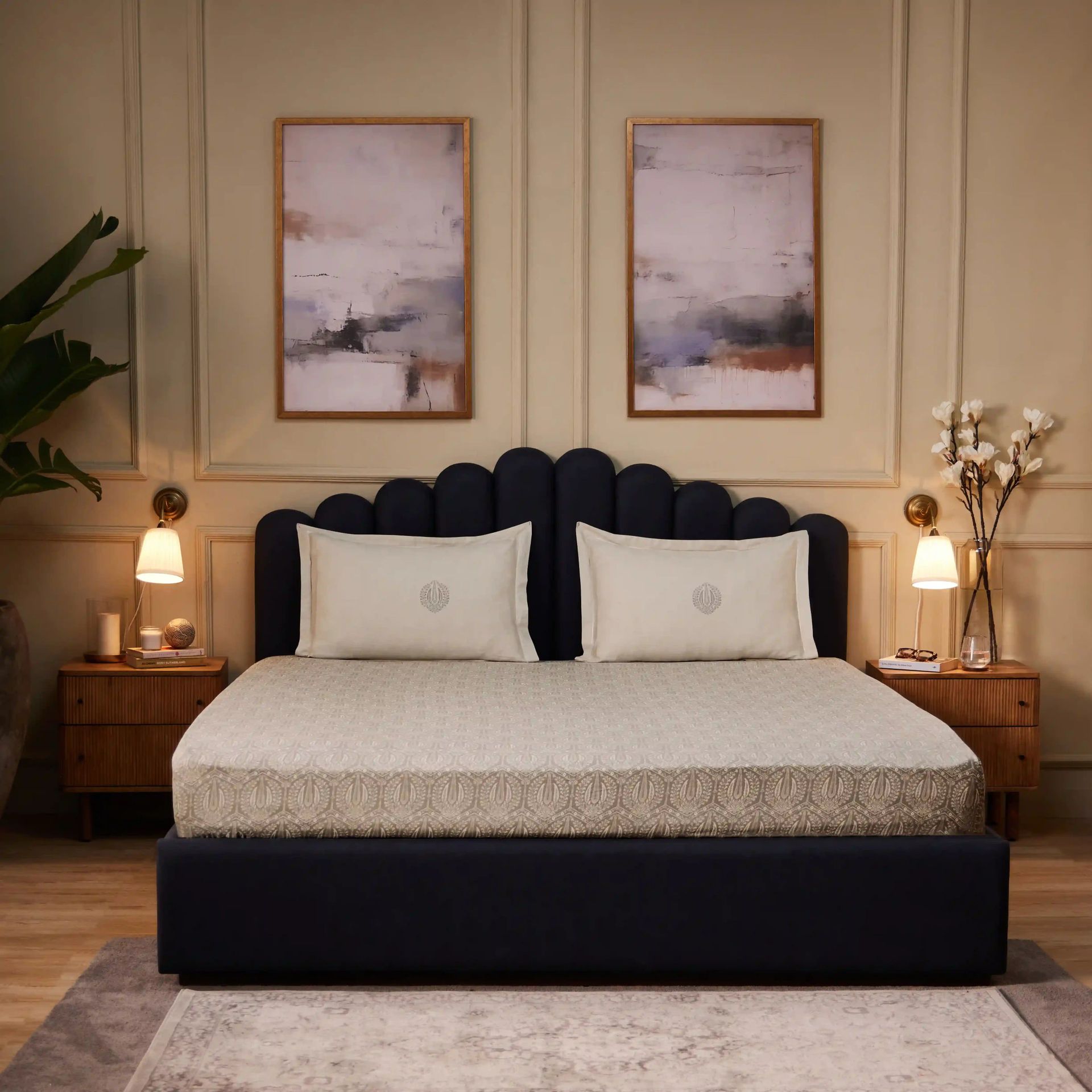 Ethnic 250 TC 100% Cotton Grey King Fitted Sheet Set | Fergana