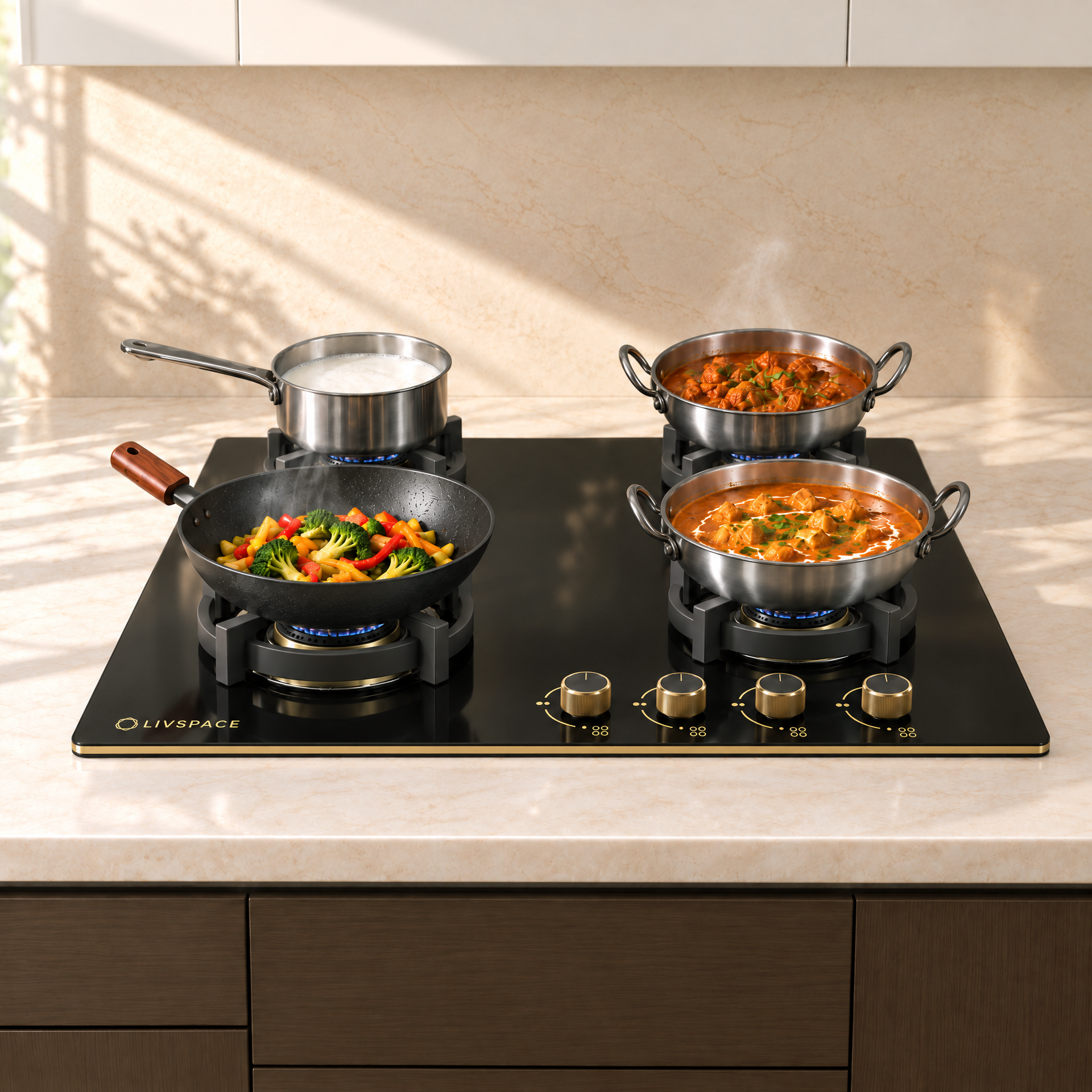 Intellia Gloss 4-burner Brass Hob | FFD | Auto Ignition - 60 cm