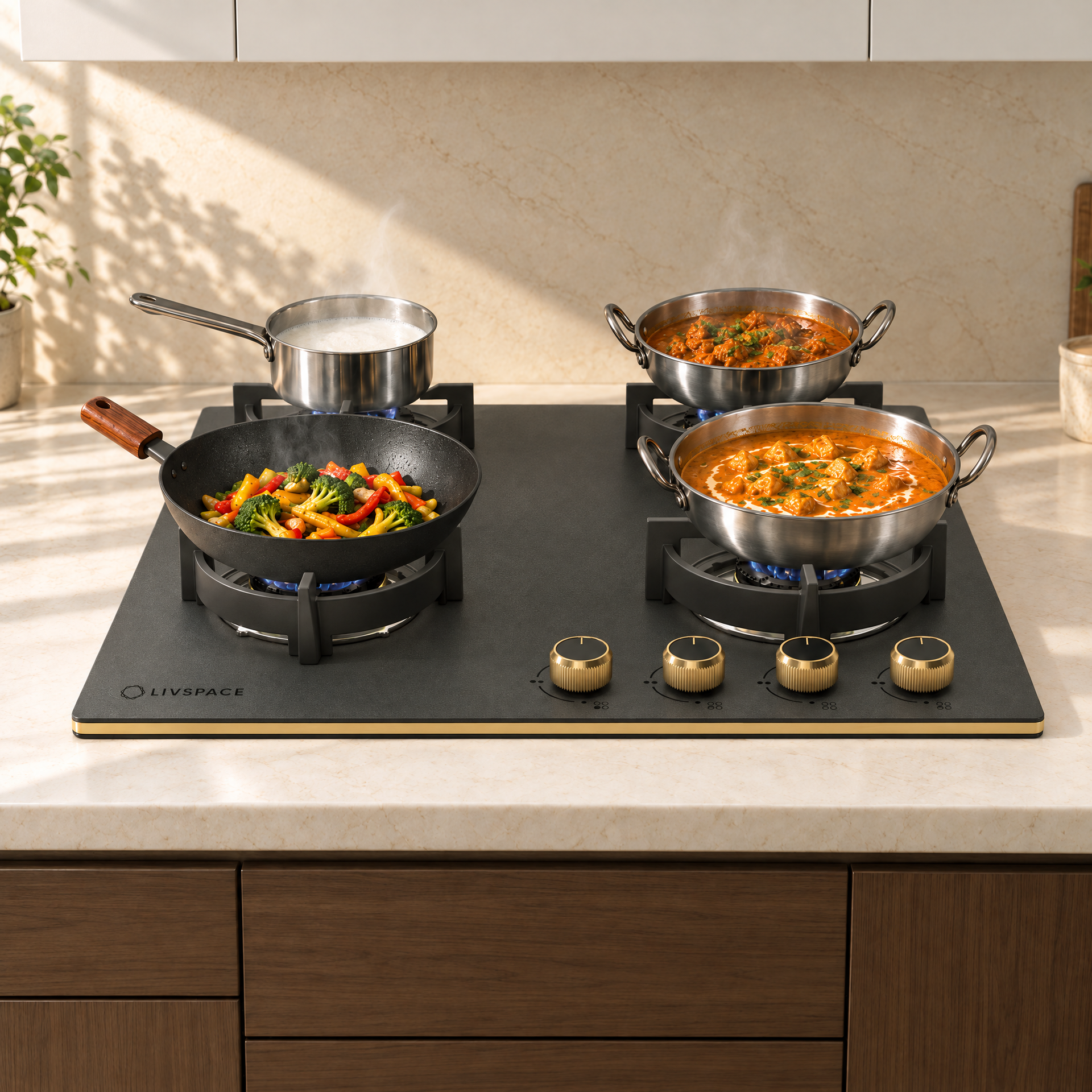 Intellia Matt 4-burner Brass Hob | FFD | Auto Ignition - 60 cm