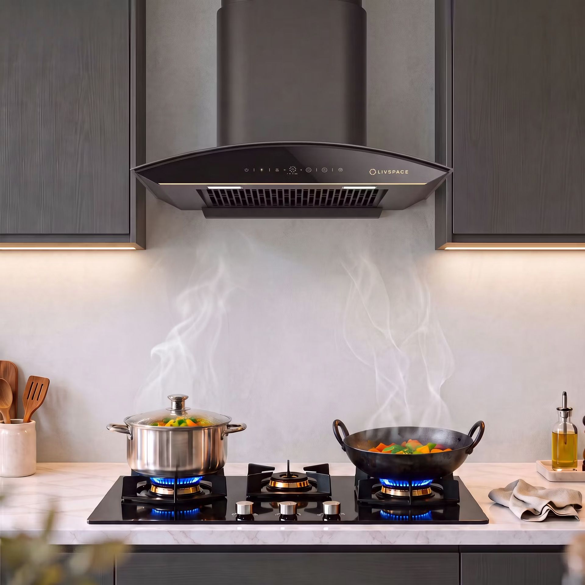 Intellia 60 cm Curved Chimney | BLDC Ducted 1600 m3/h Suction | Auto Clean