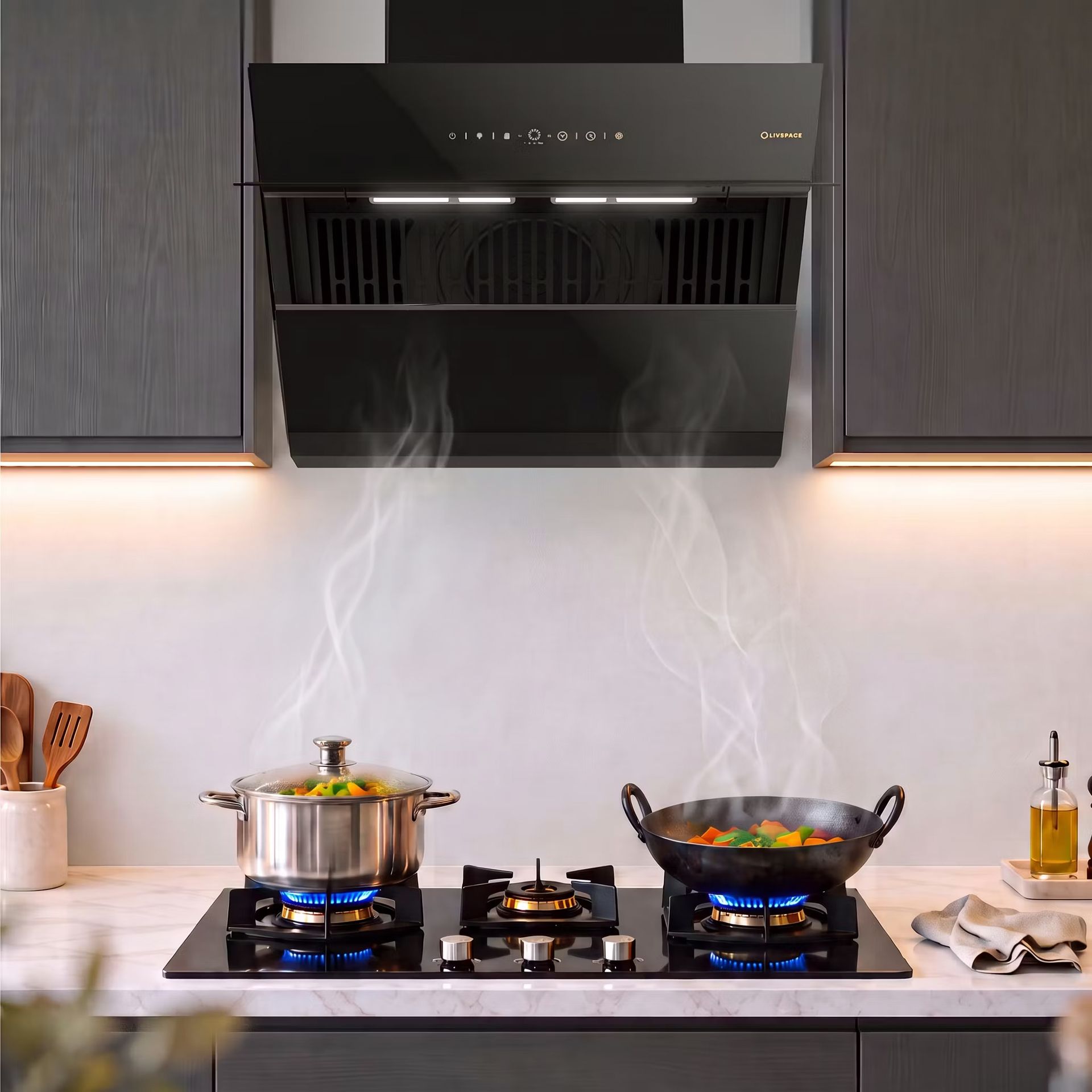 Intellia 60 cm Inclined Chimney | BLDC Ducted 1600 m3/h Suction | Auto Clean
