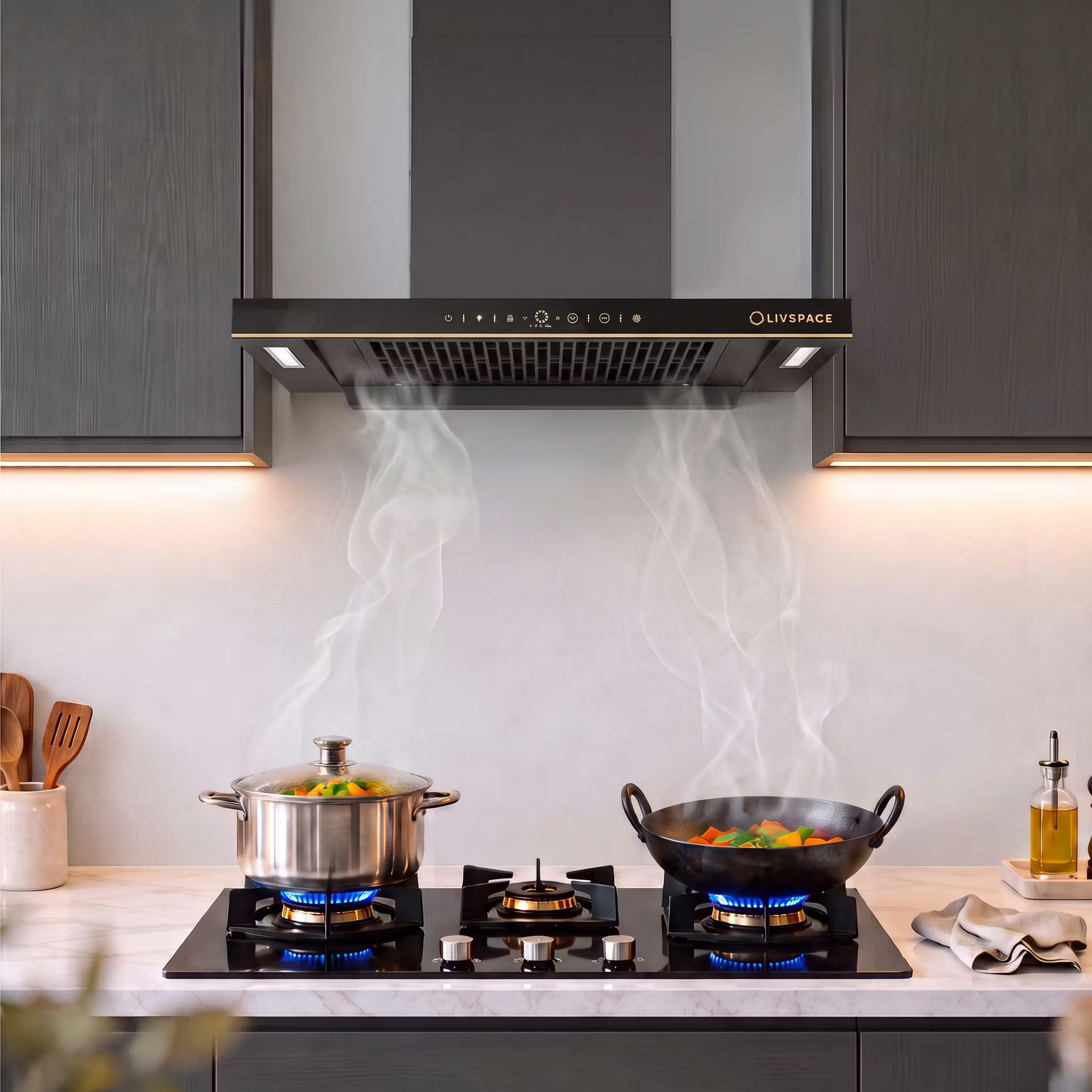 Intellia 60 cm T-Shaped Chimney | BLDC Ducted 1600 m3/h Suction | Auto Clean