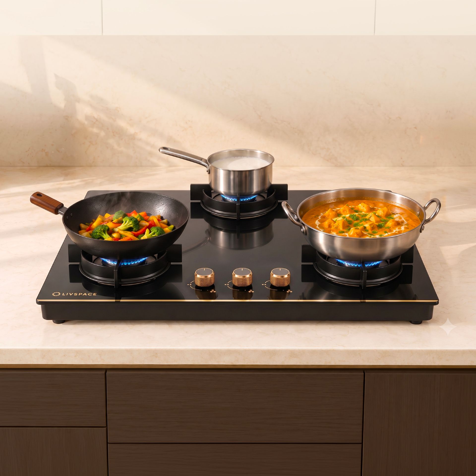 Intellia 3-burner Brass Cooktop | Premium Glasstop, Gold Themed Knobs | Auto Ignition - 77 cm