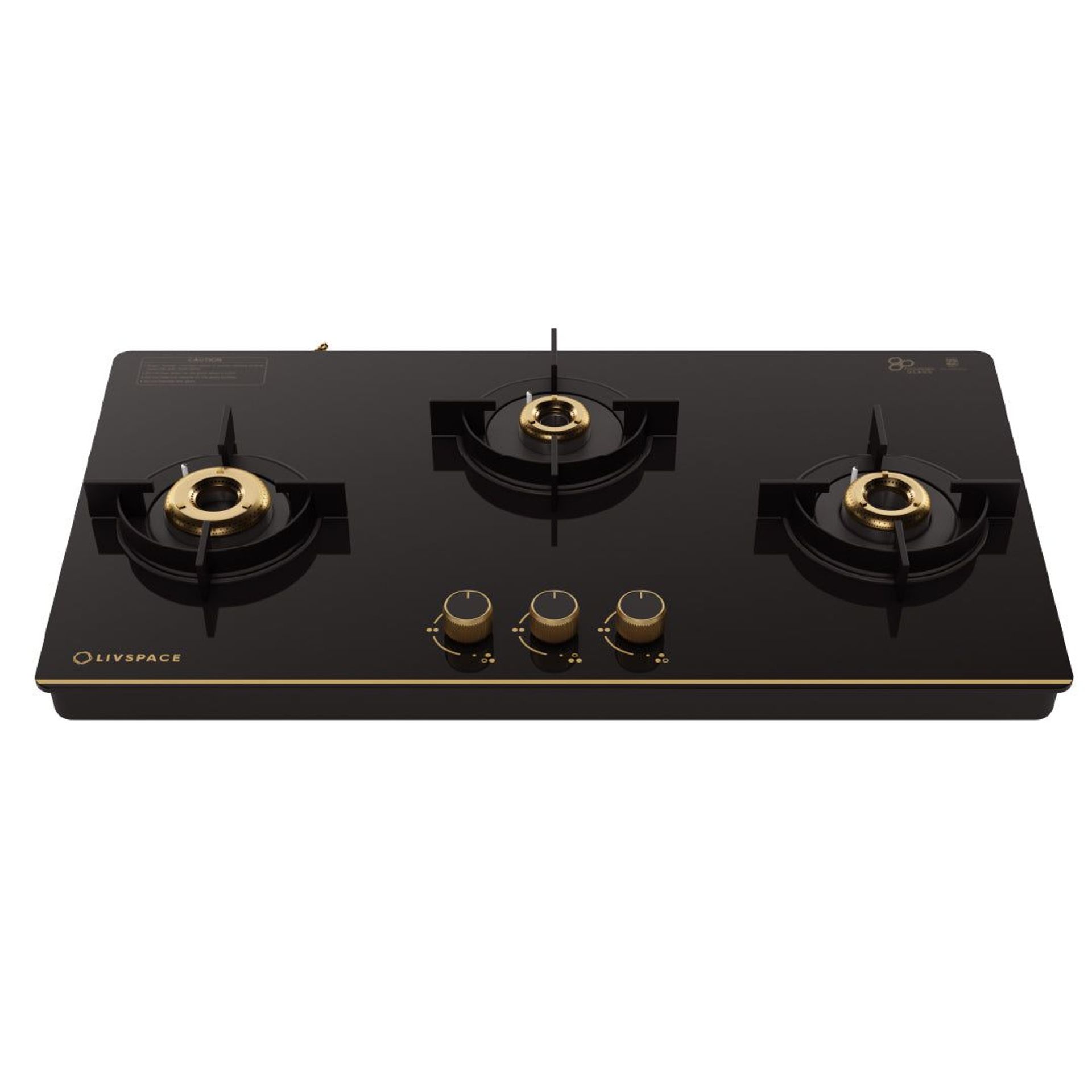 Intellia 3-burner Brass Cooktop | Premium Glasstop, Gold Themed Knobs | Auto Ignition - 77 cm