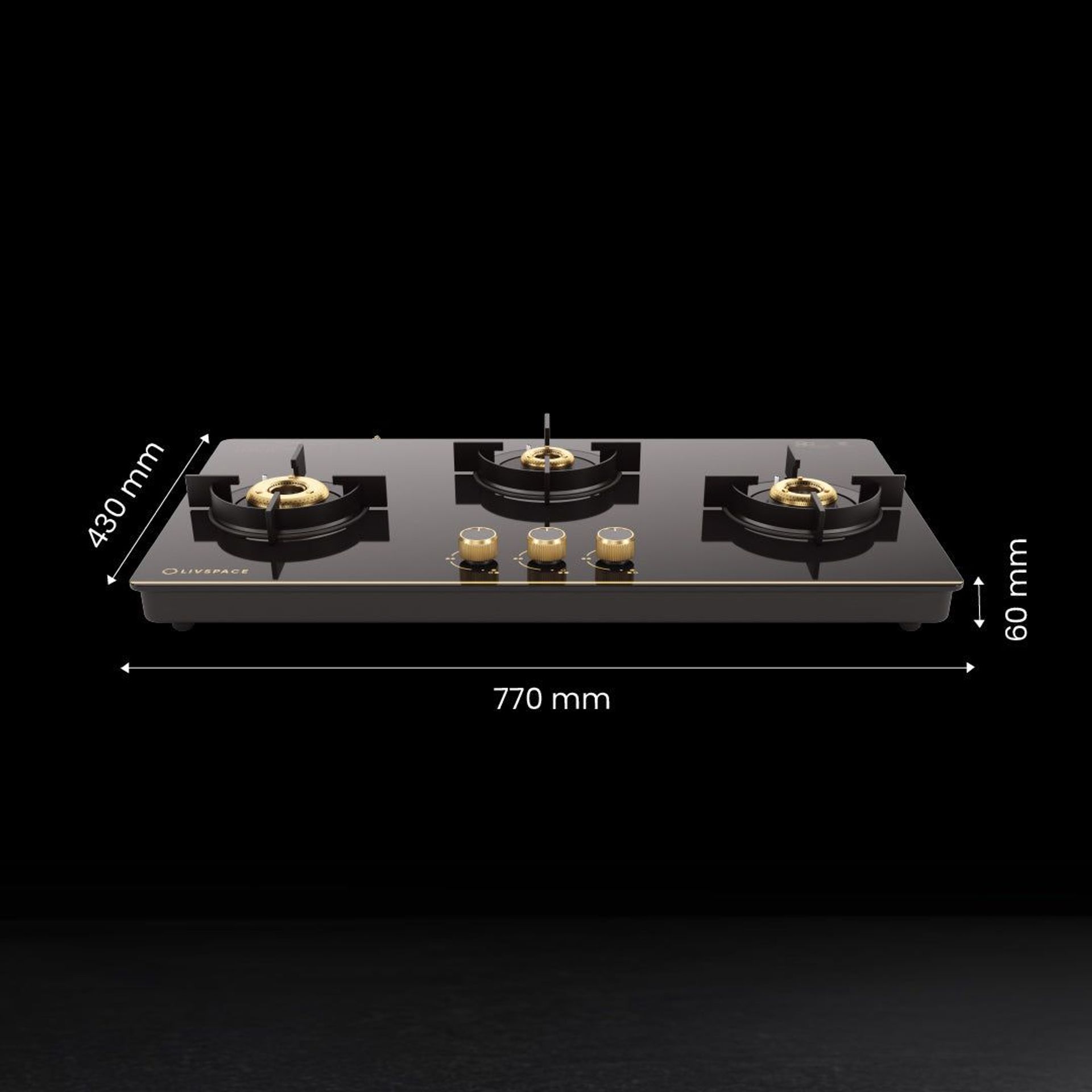 Intellia 3-burner Brass Cooktop | Premium Glasstop, Gold Themed Knobs | Auto Ignition - 77 cm