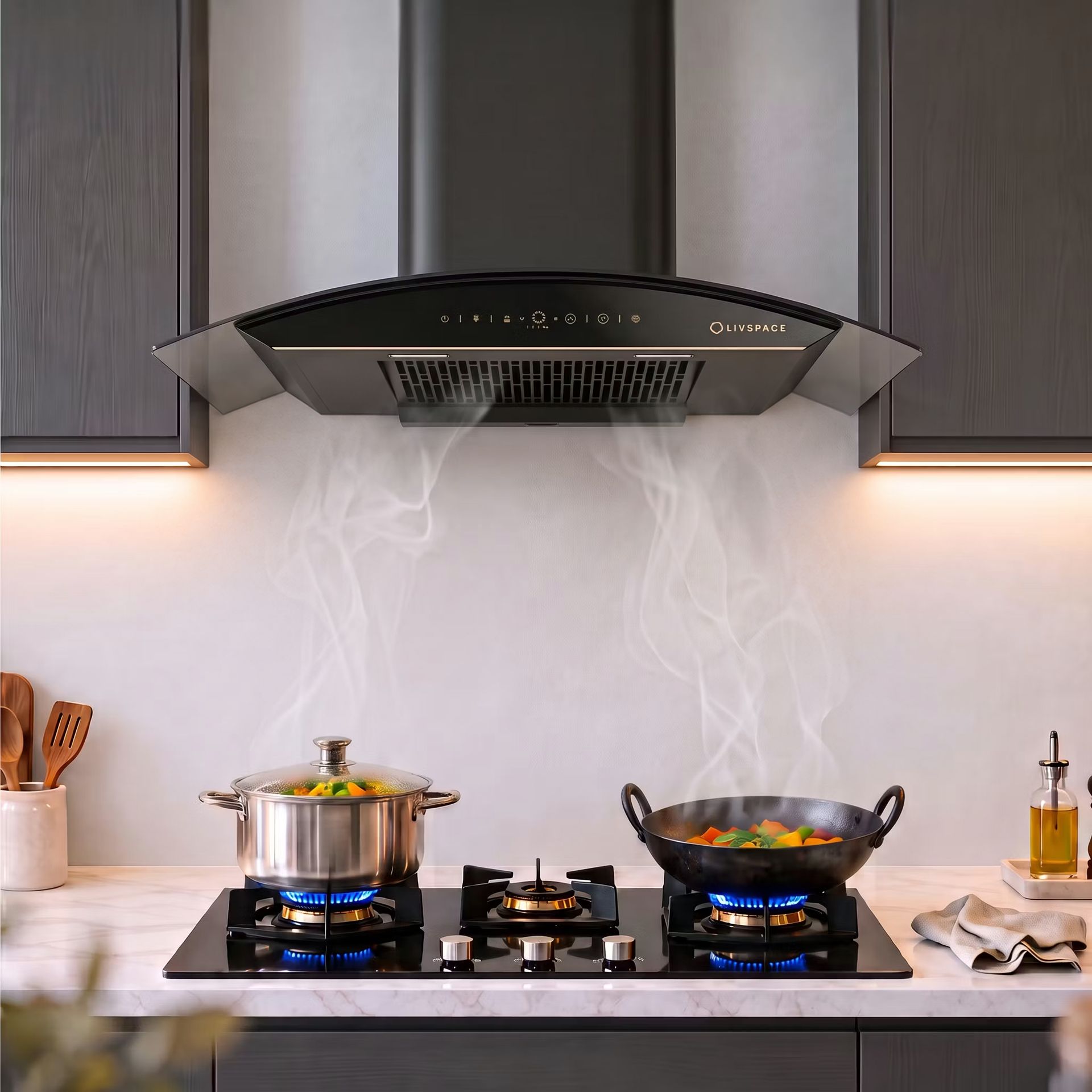 Intellia 90 cm Curved Chimney | BLDC Ducted 1600 m3/h Suction | Auto Clean