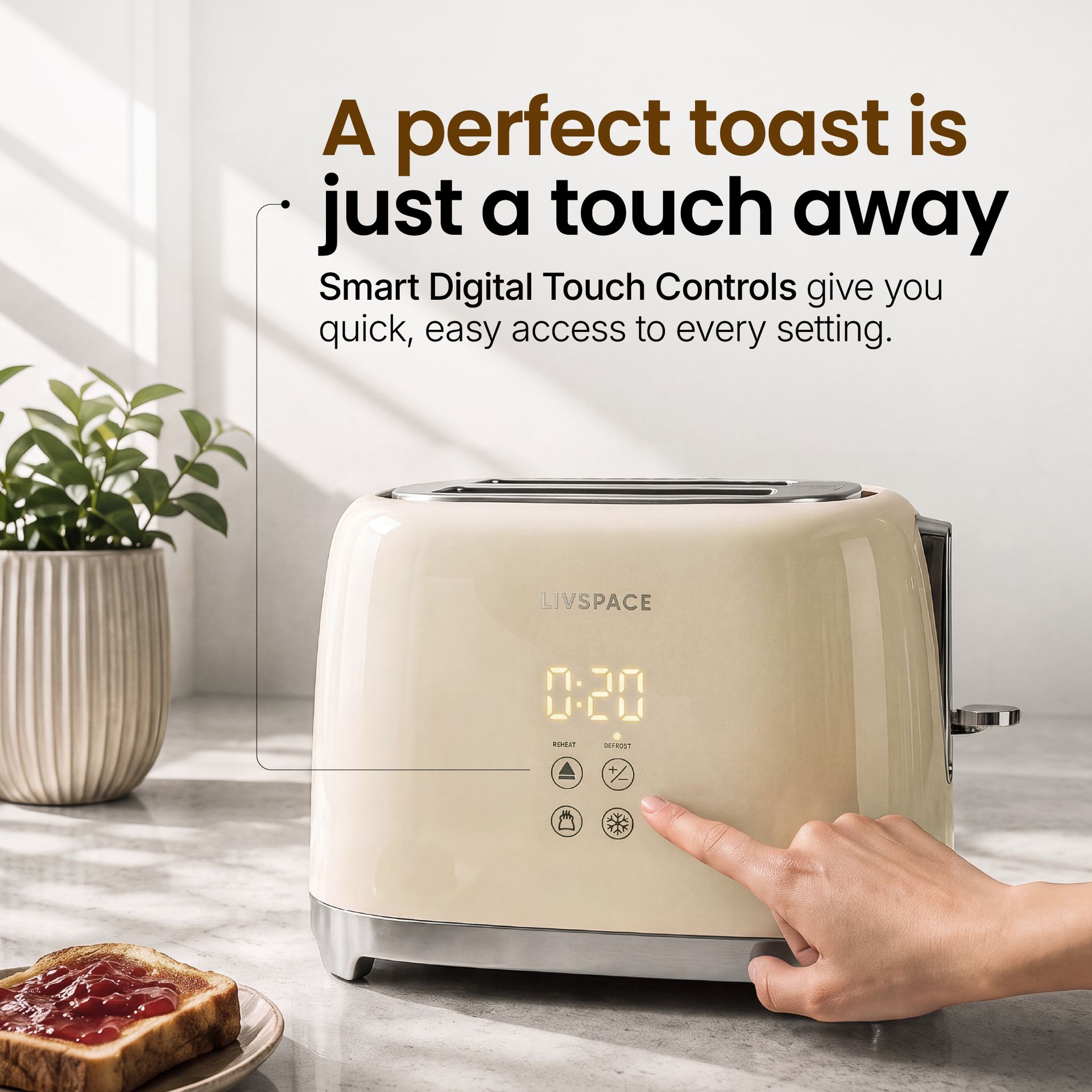 Livspace 2 Slice Digital Toaster - Ivory