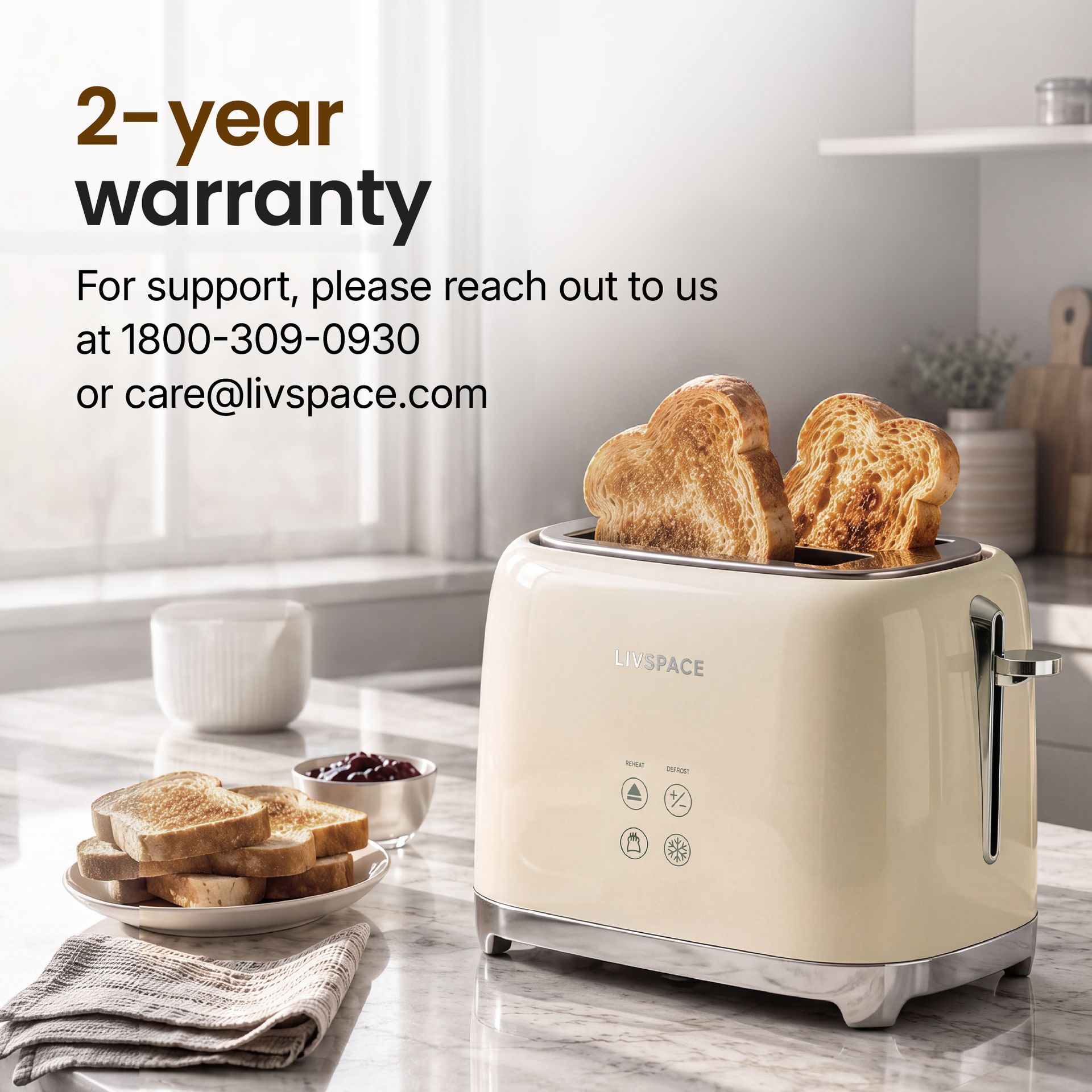 Livspace 2 Slice Digital Toaster - Ivory