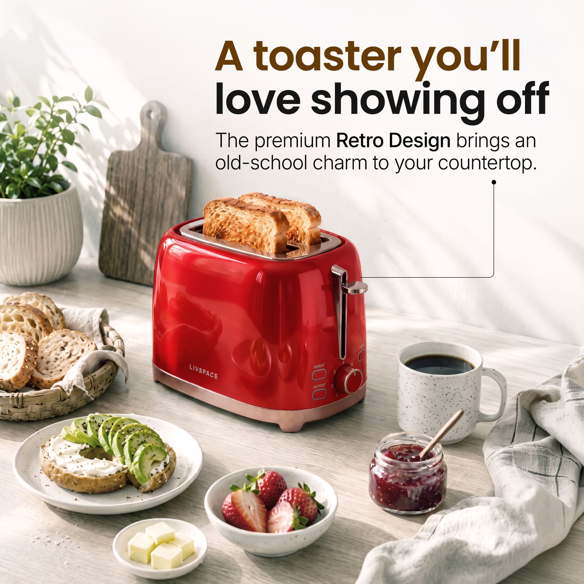 Livspace 2 Slice Toaster - Red