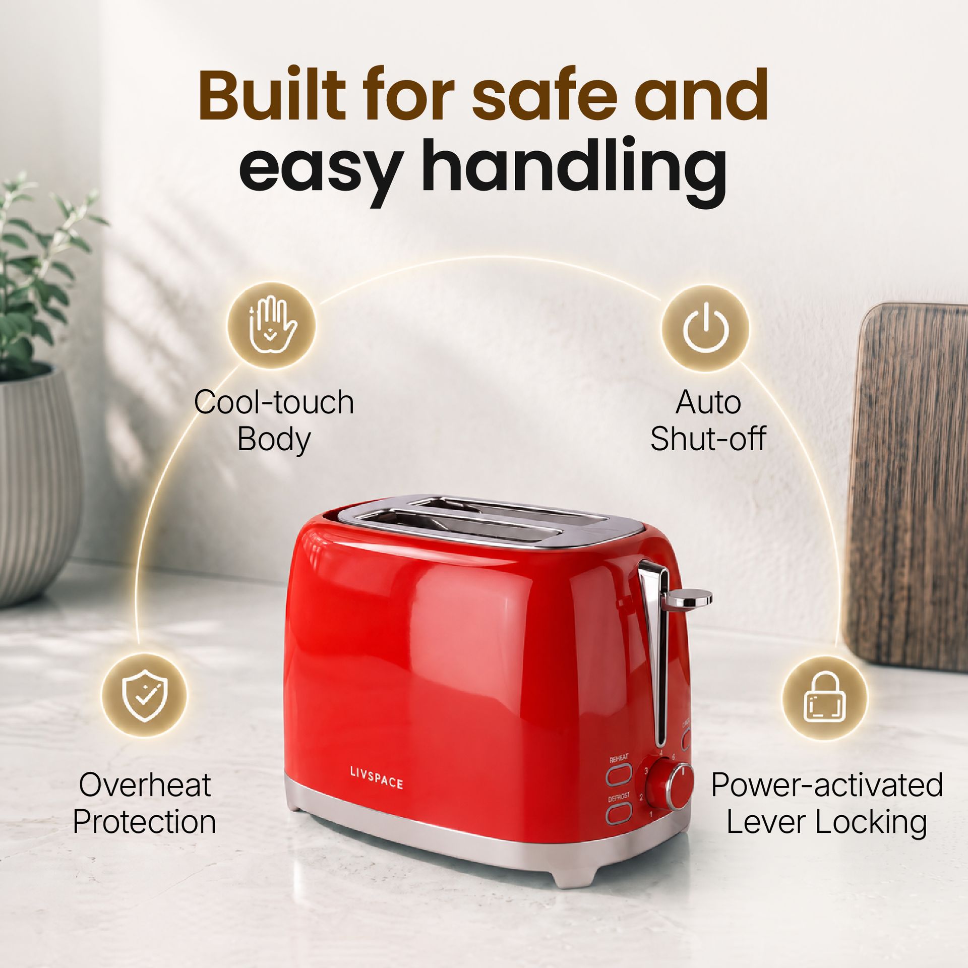 Livspace 2 Slice Toaster - Red