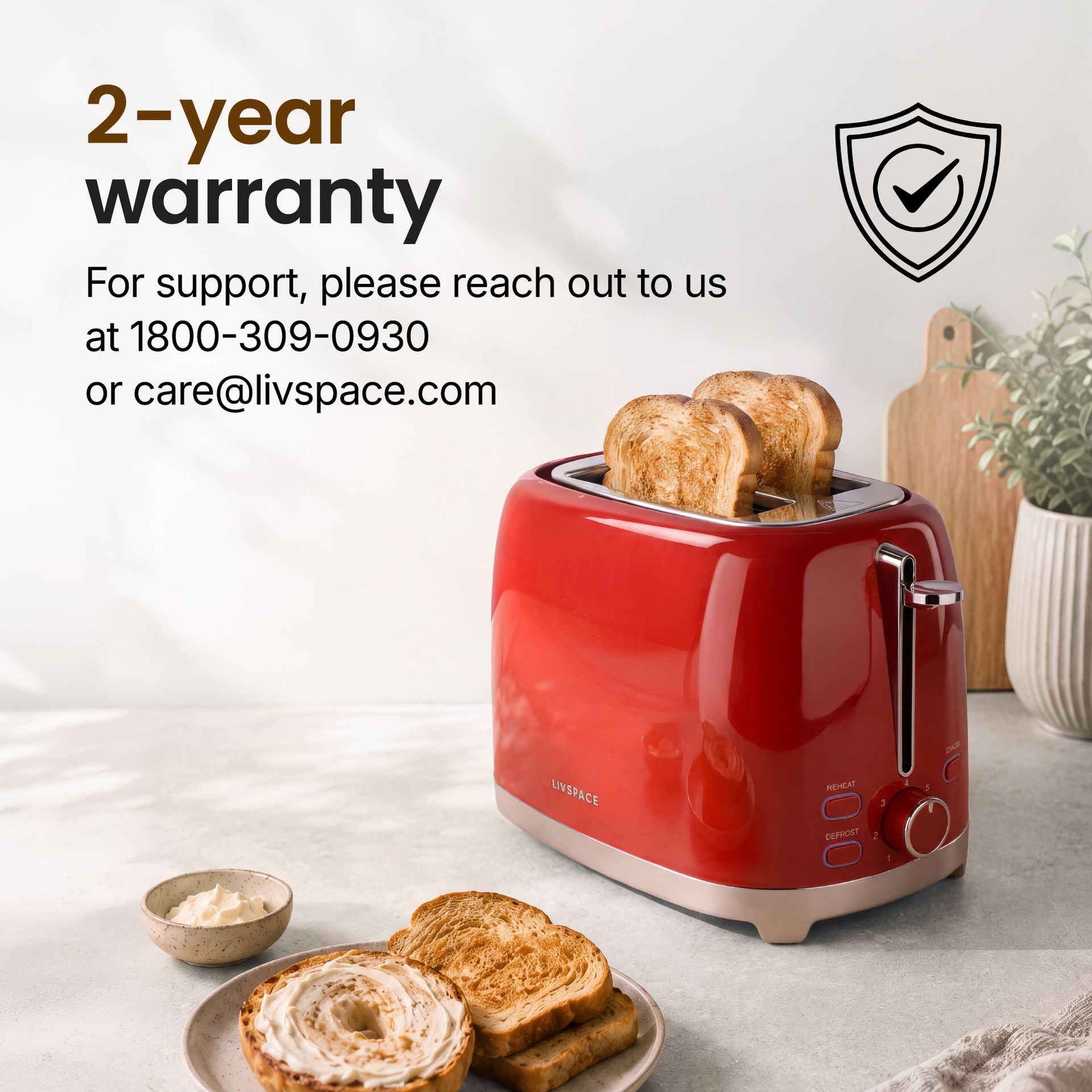 Livspace 2 Slice Toaster - Red