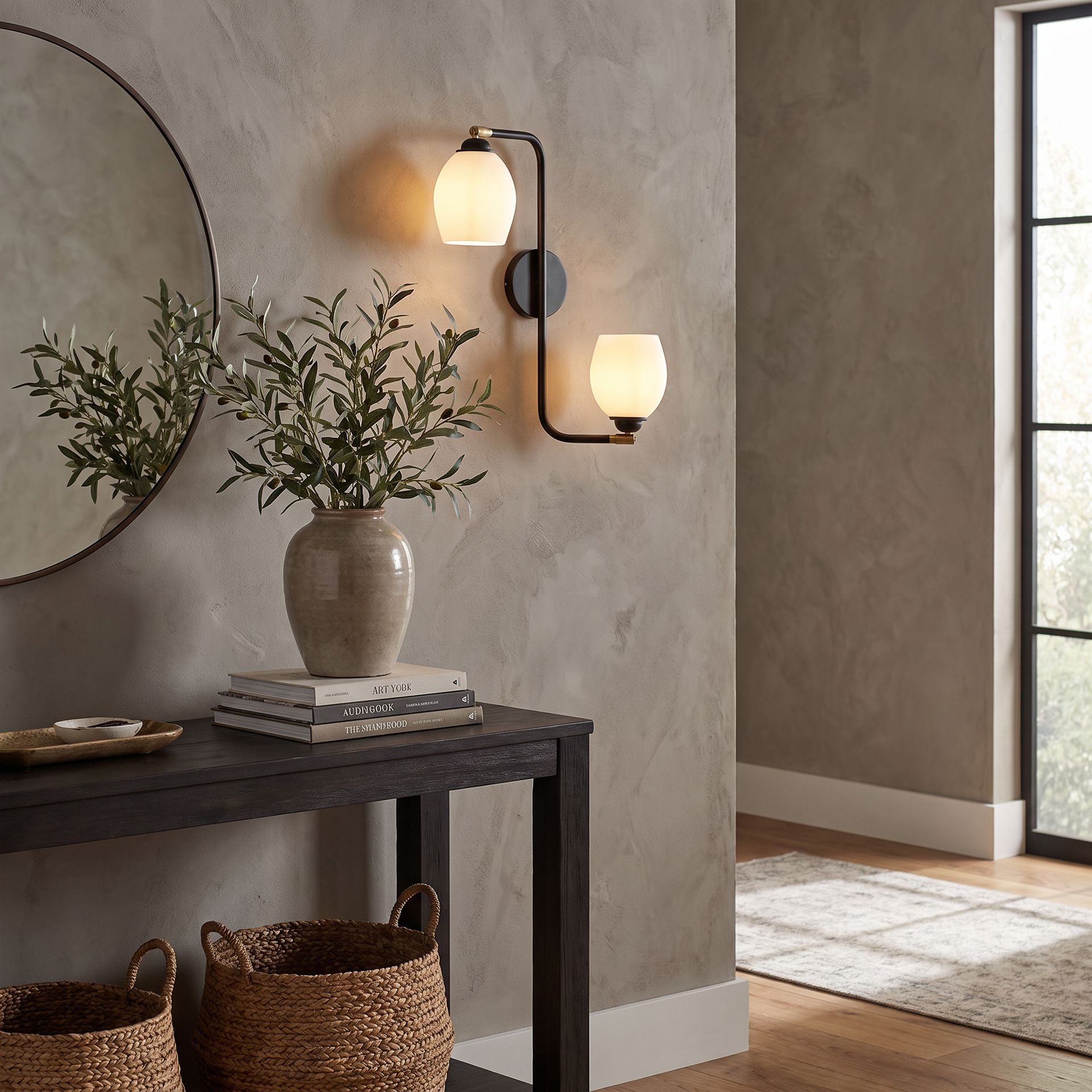 Livspace Chic Milky White 2 Glass Wall Light | Black Matt
