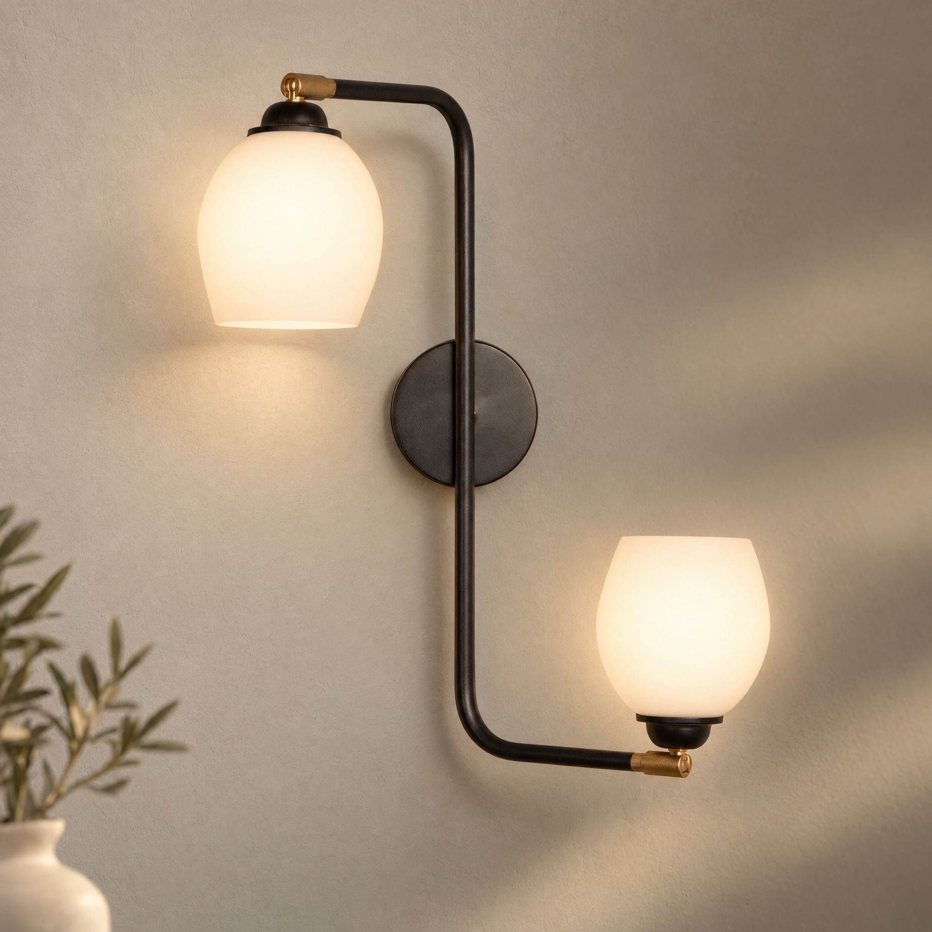 Livspace Chic Milky White 2 Glass Wall Light | Black Matt