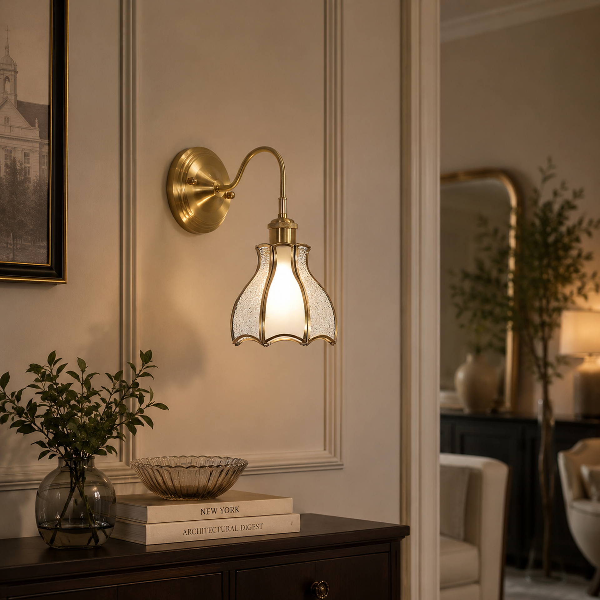 Livspace Gild Wall Light | White + Antique Brass