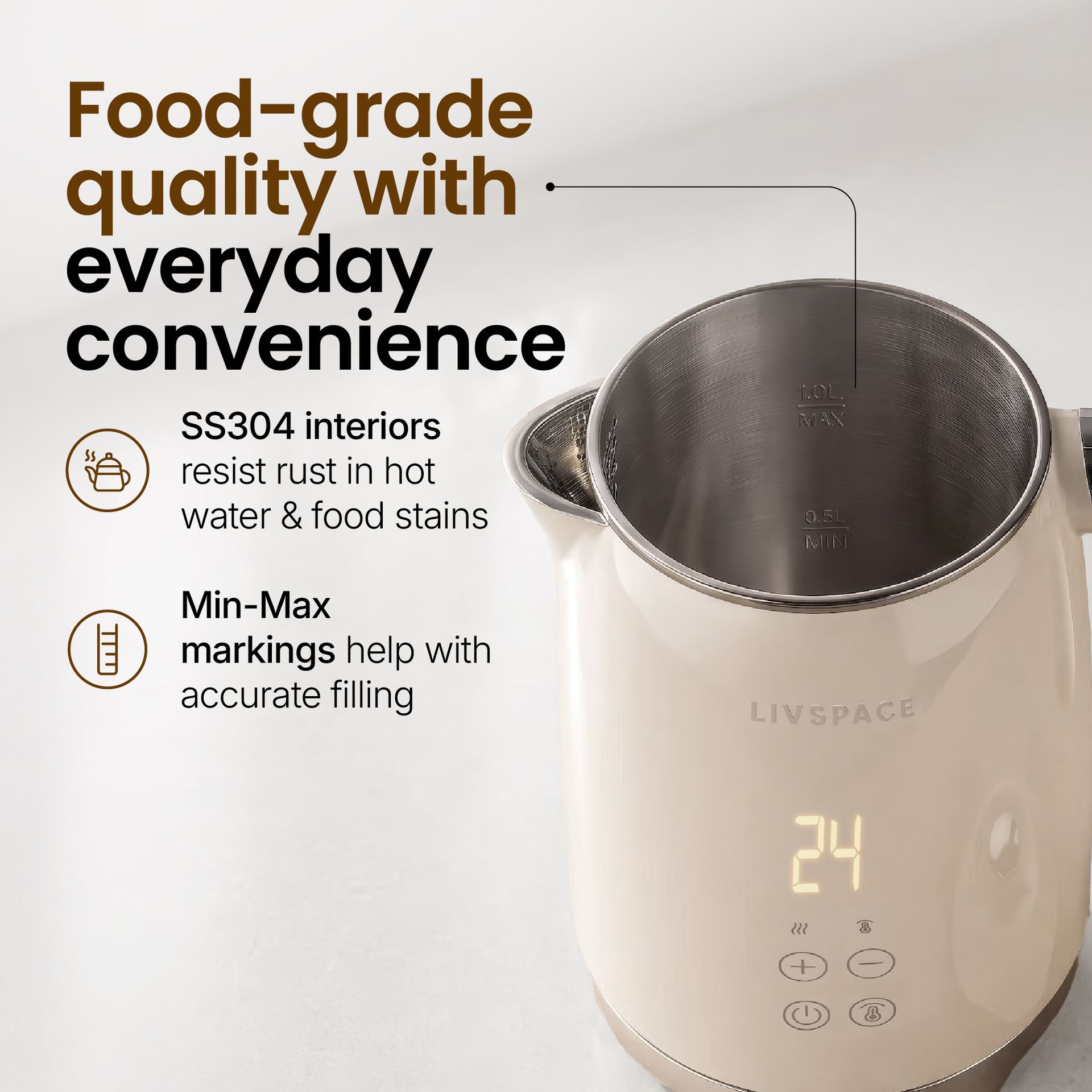 Livspace Digital Kettle 1 L - Ivory