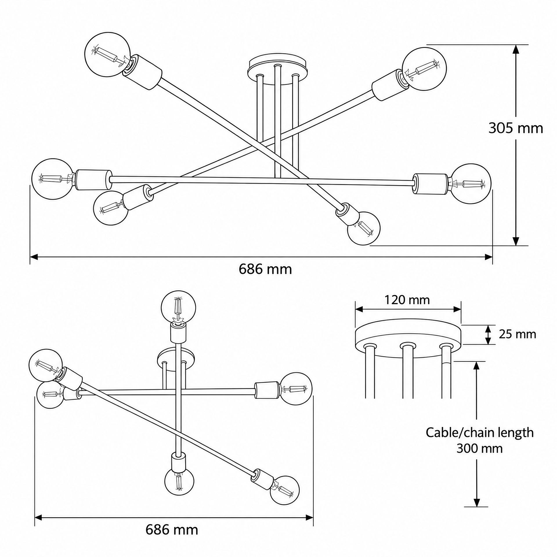 Livspace Kilda Black Metal Sputnik 6 Head Chandelier | Black