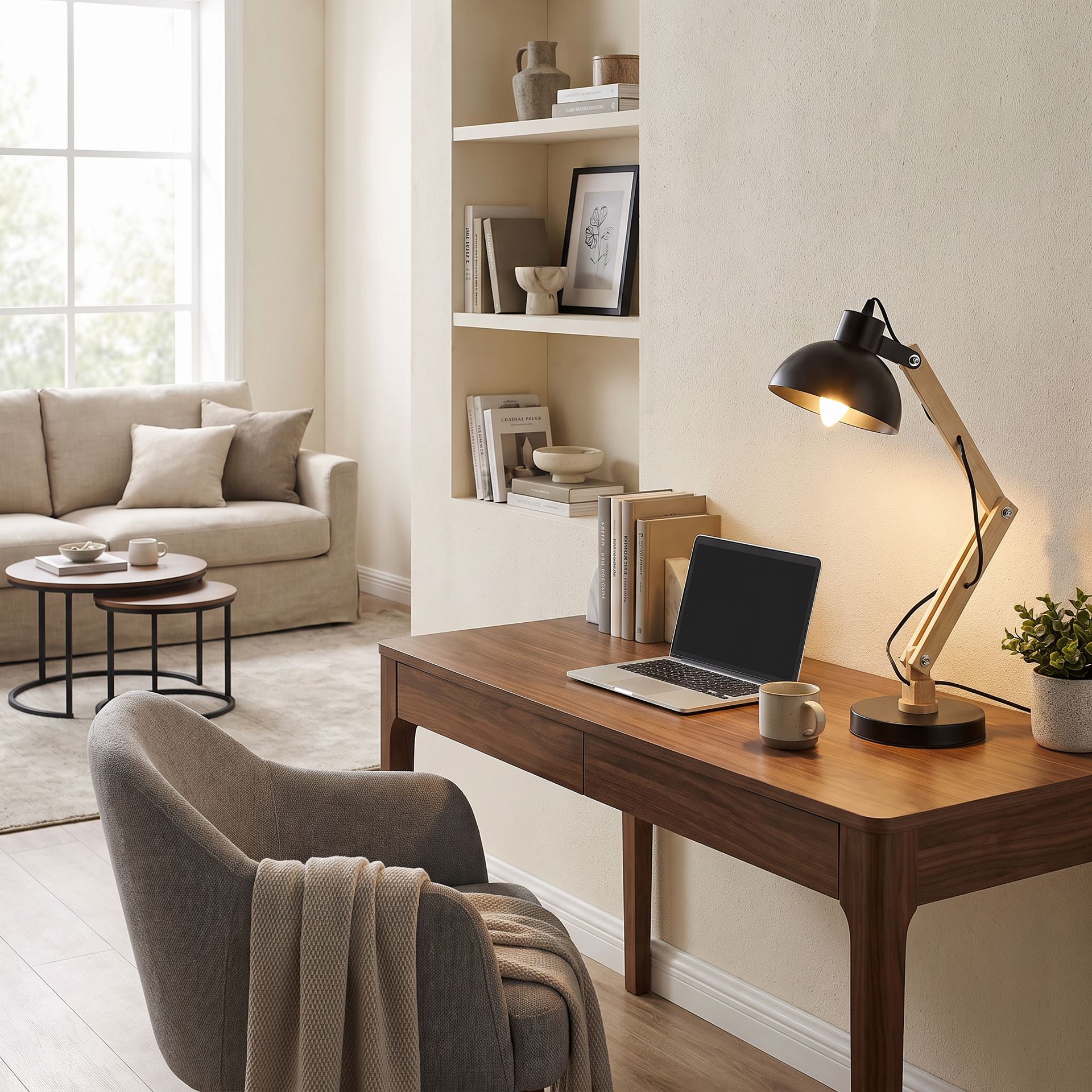 Livspace Modern Nordic Wood & Metal With Black Base Study Lamp | Black