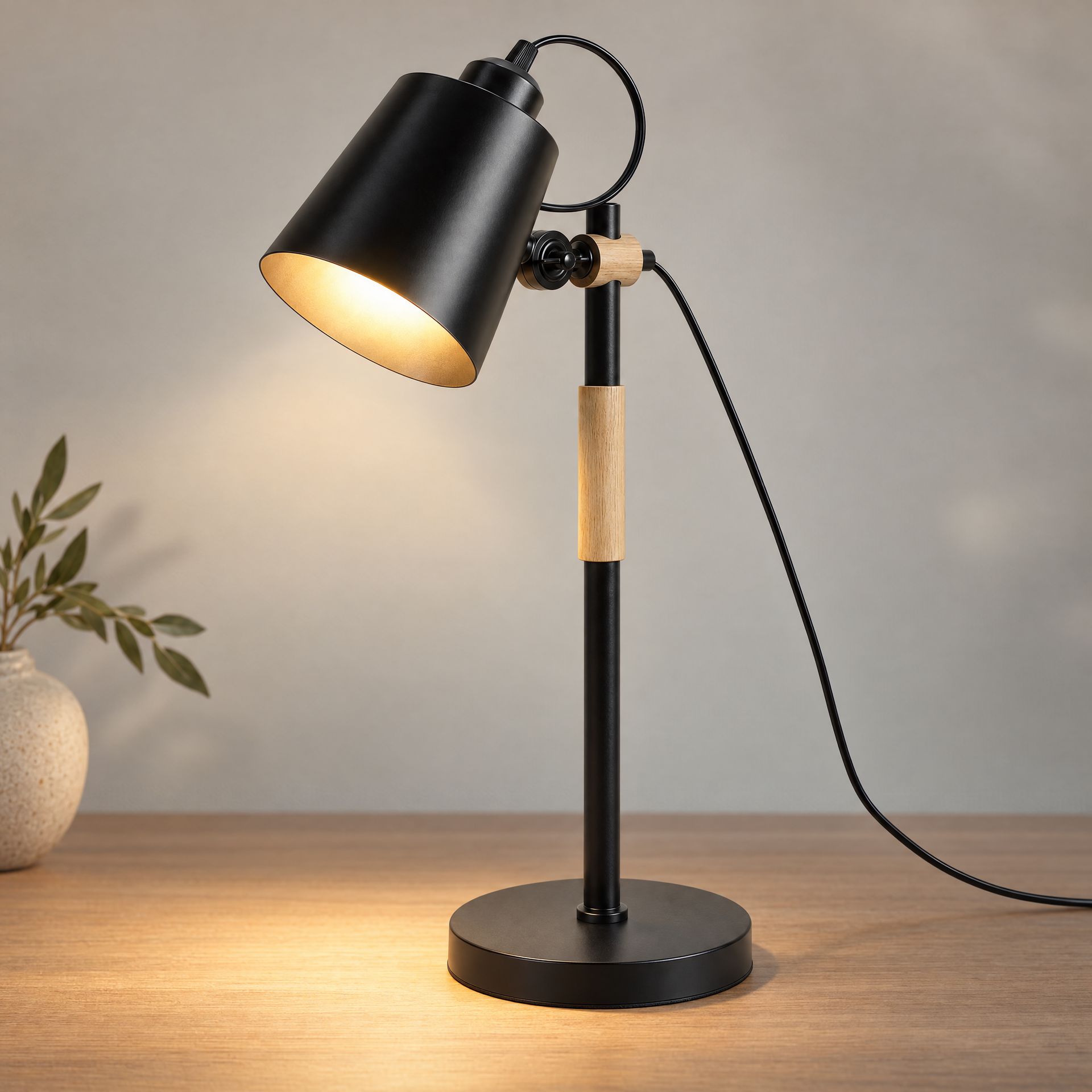 Livspace Modern Nordic Wood & Metal With Black Base Study Lamp | Black